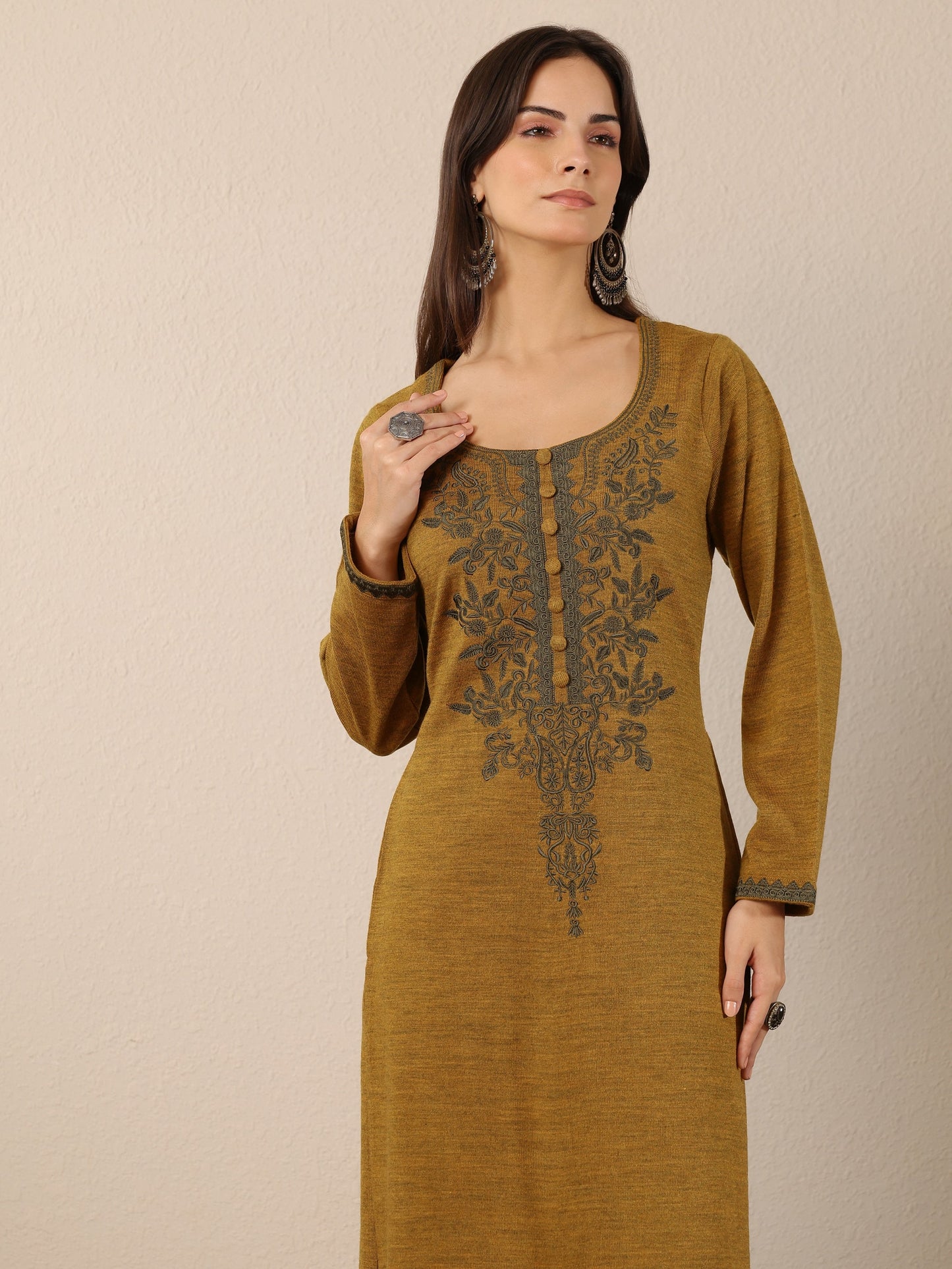 Mustard Embroidered Wool Straight Kurta