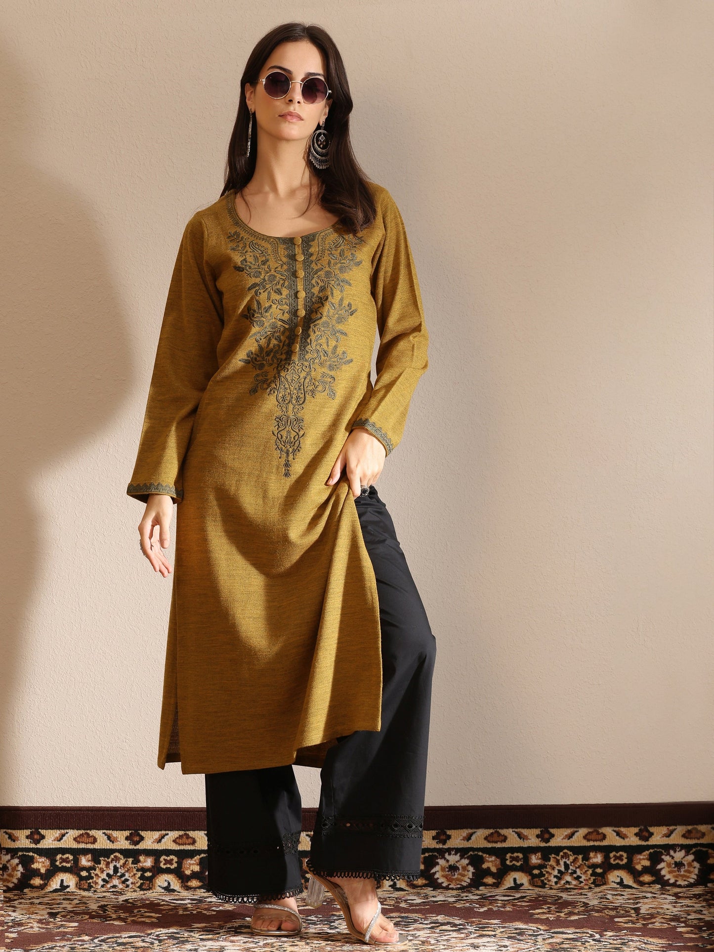 Mustard Embroidered Wool Straight Kurta