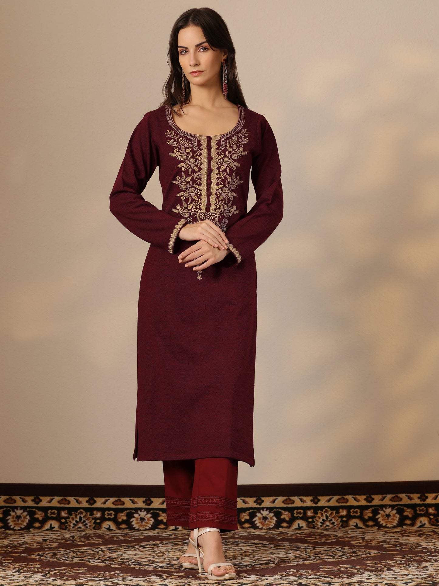 Maroon Embroidered Wool Straight Kurta