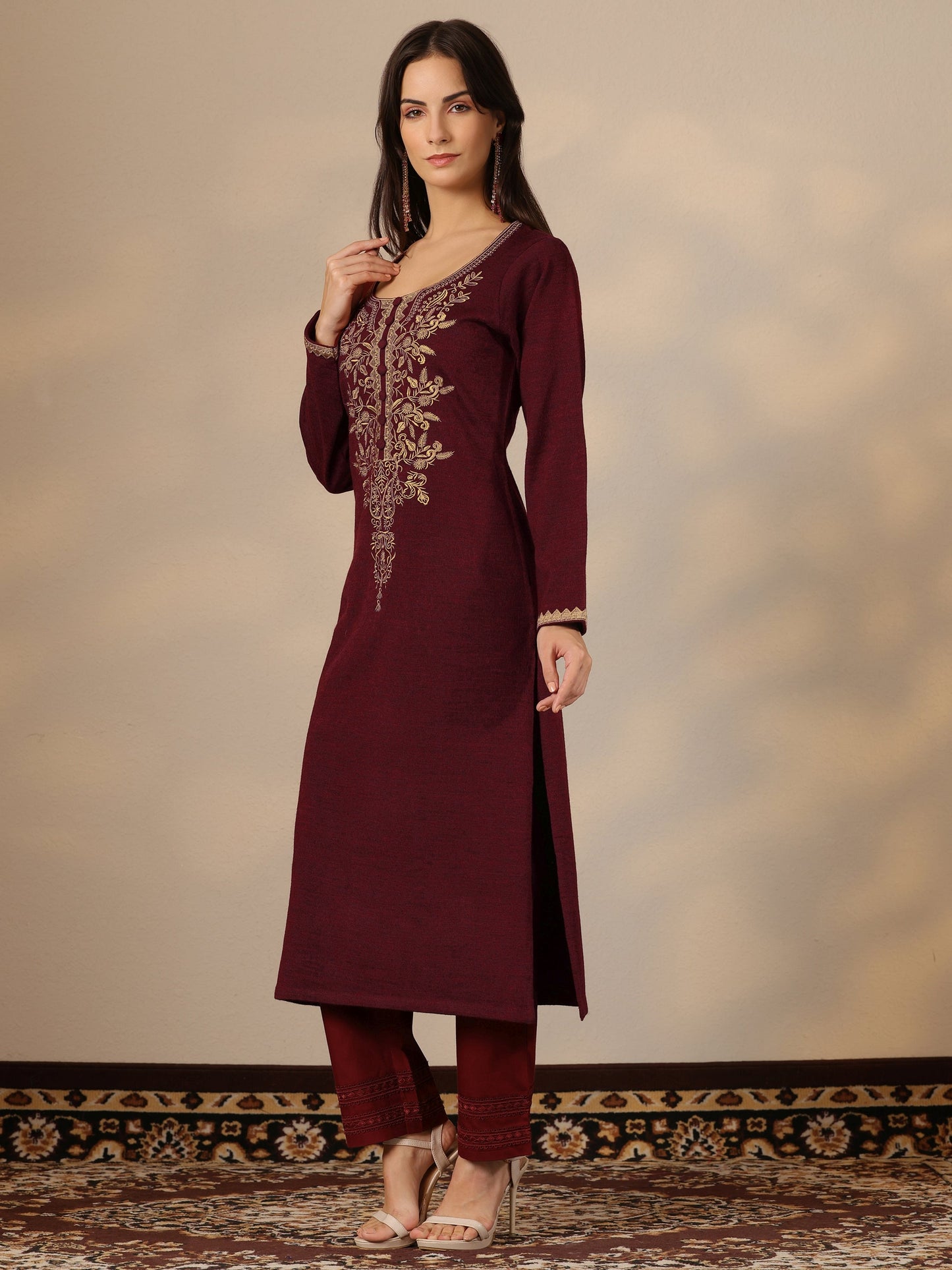Maroon Embroidered Wool Straight Kurta