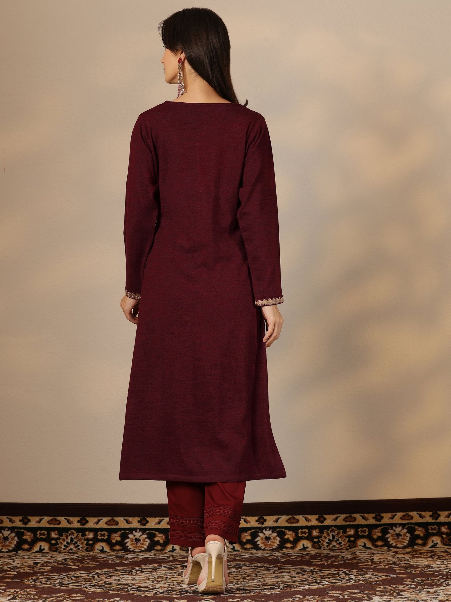 Maroon Embroidered Wool Straight Kurta