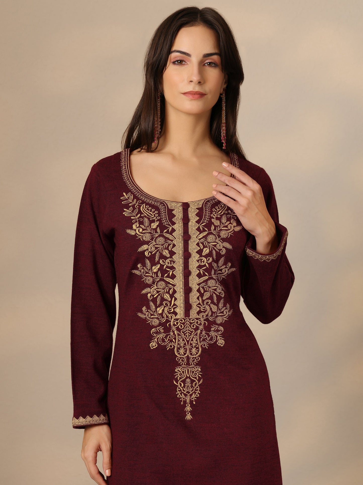 Maroon Embroidered Wool Straight Kurta