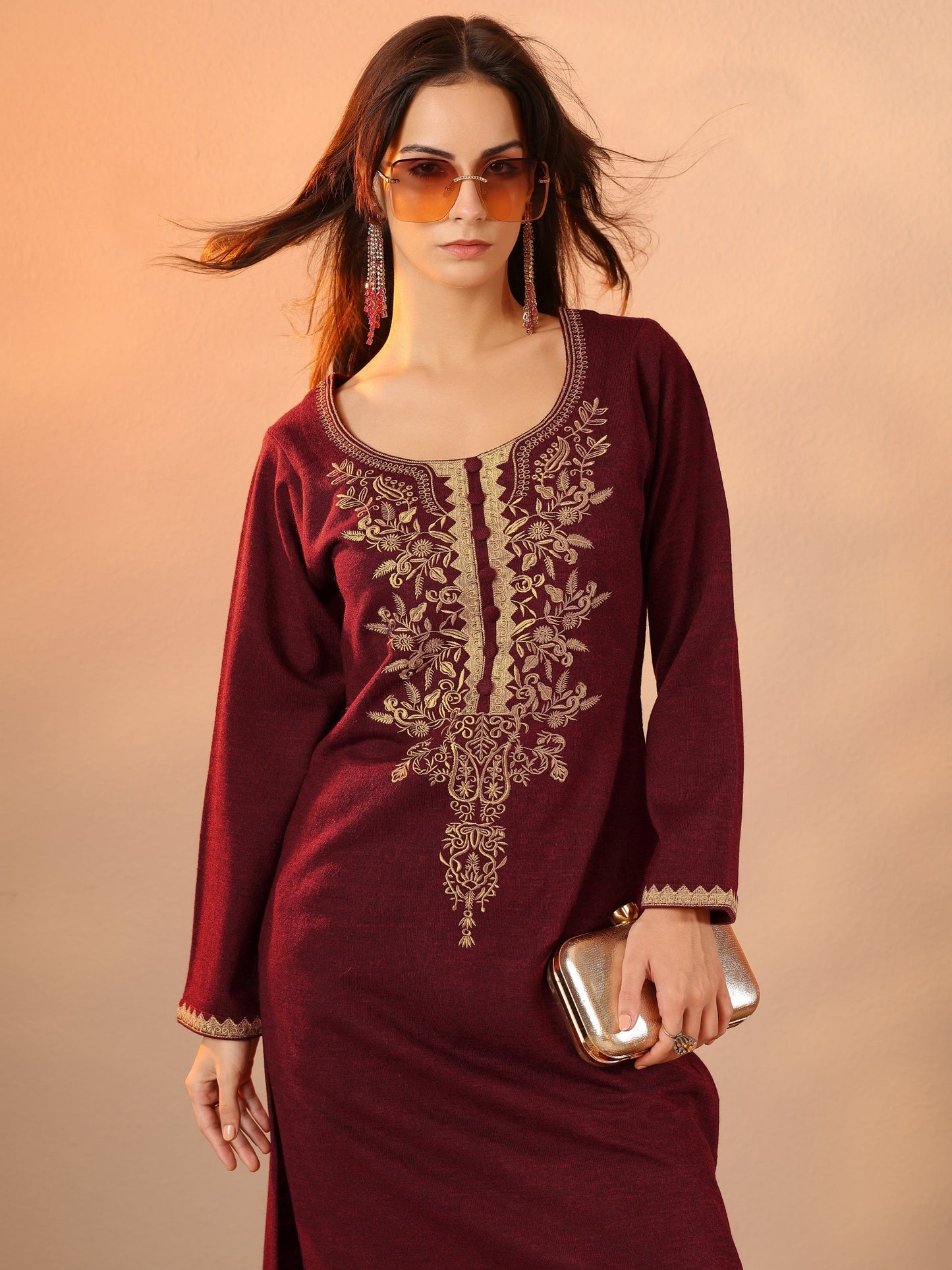 Maroon Embroidered Wool Straight Kurta