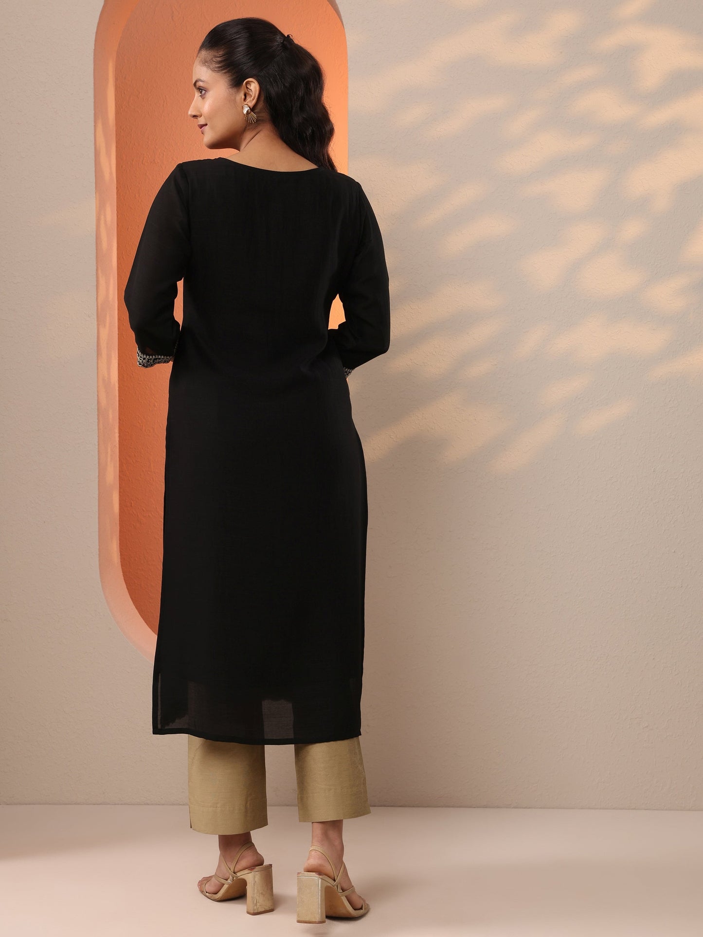 Black Embroidered Silk Blend Straight Kurta