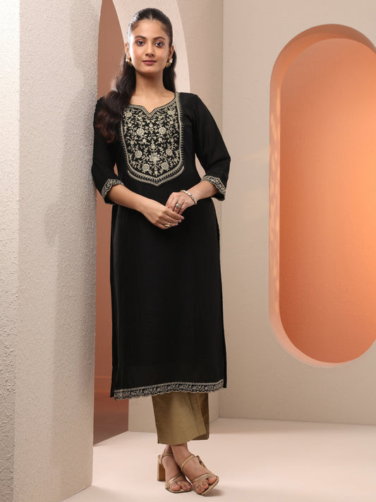 Black Embroidered Silk Blend Straight Kurta