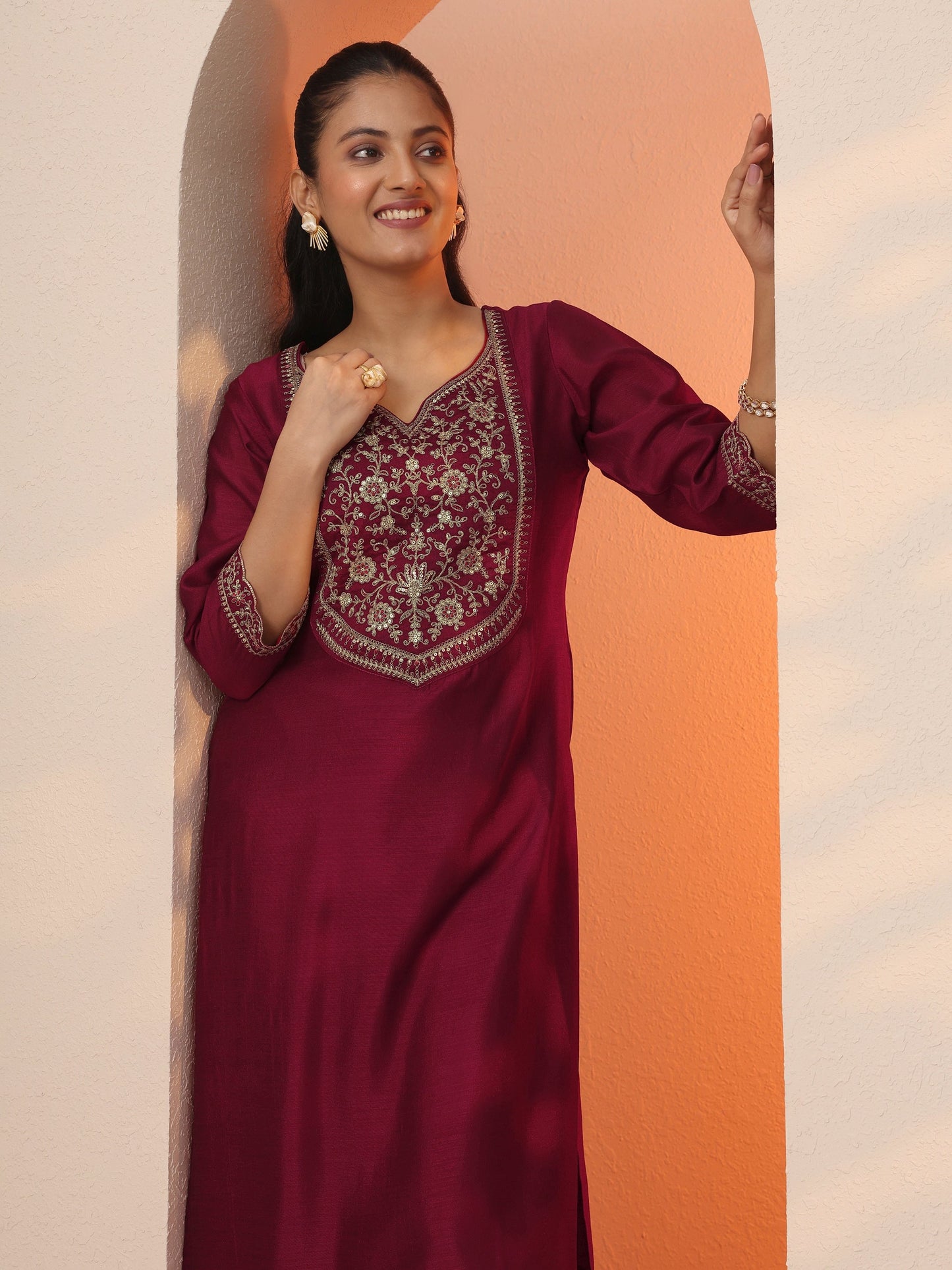 Maroon Embroidered Silk Blend Straight Kurta