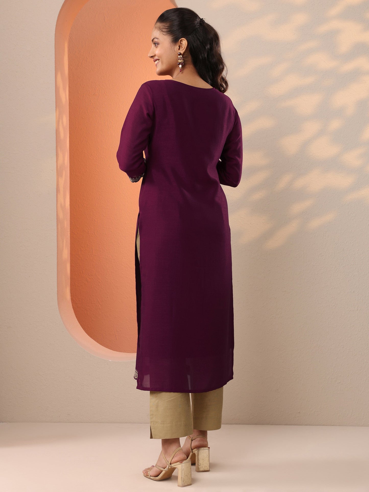 Burgundy Embroidered Silk Blend Straight Kurta