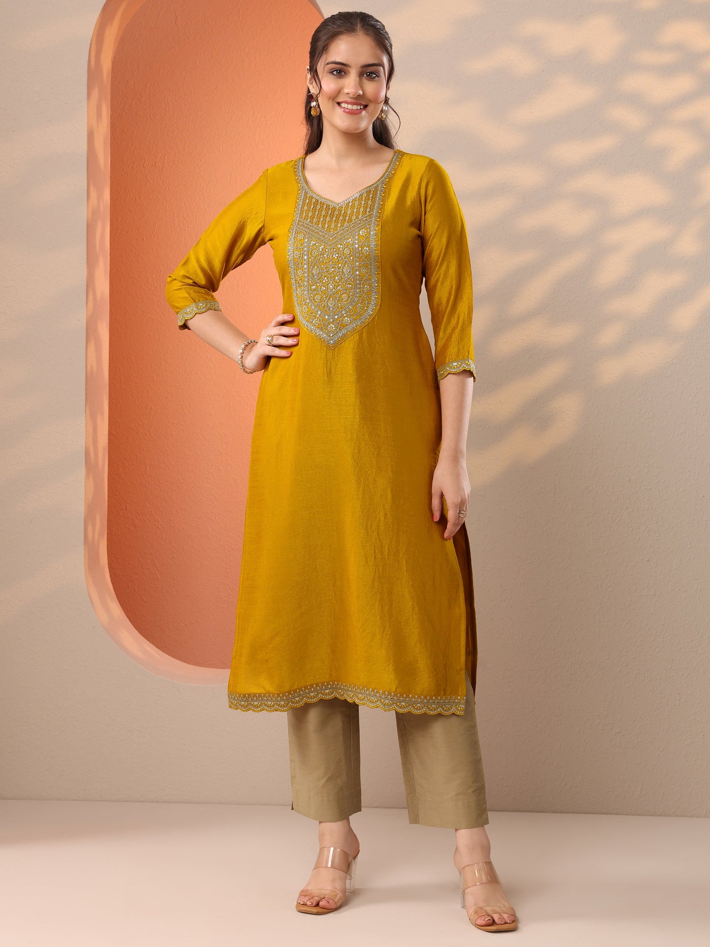 Mustard Embroidered Silk Blend Straight Kurta