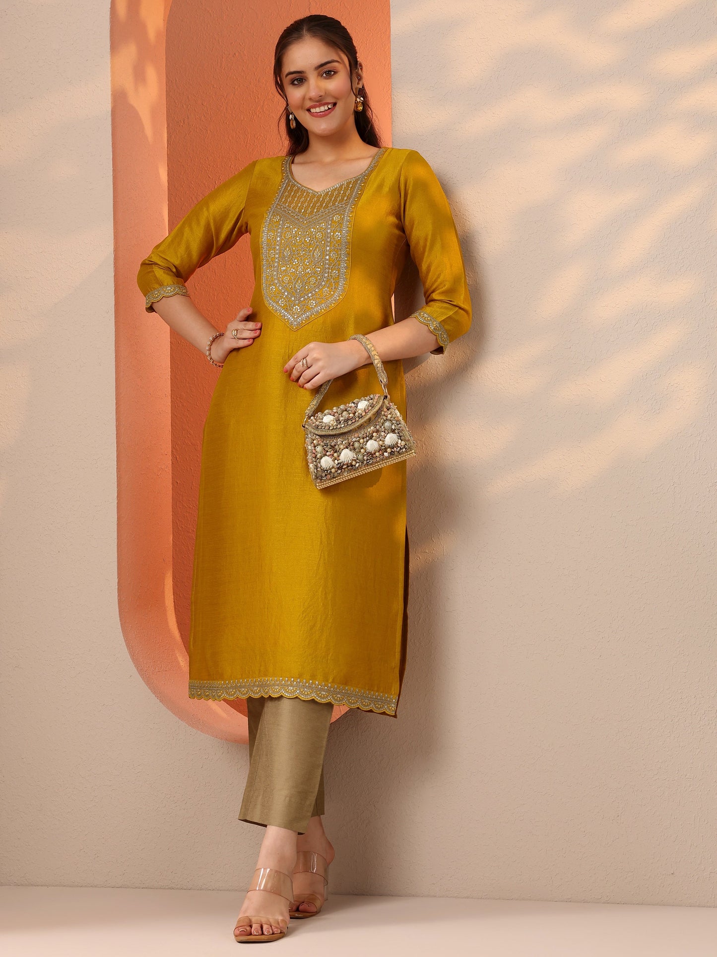 Mustard Embroidered Silk Blend Straight Kurta