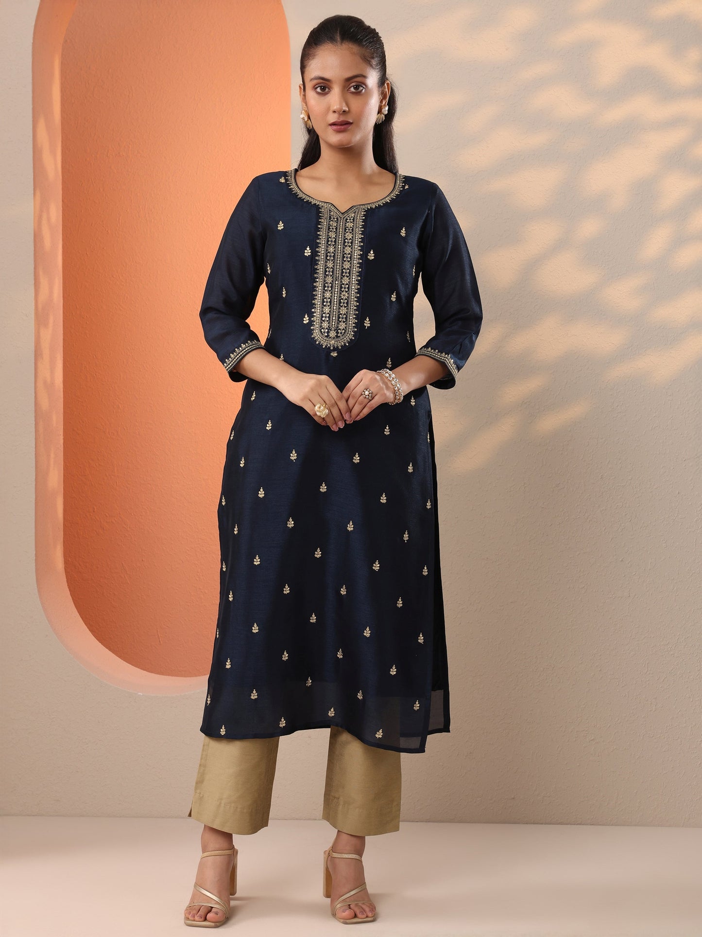 Navy Blue Embroidered Silk Blend Straight Kurta