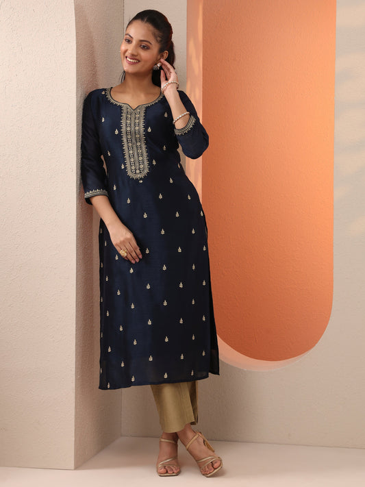 Navy Blue Embroidered Silk Blend Straight Kurta