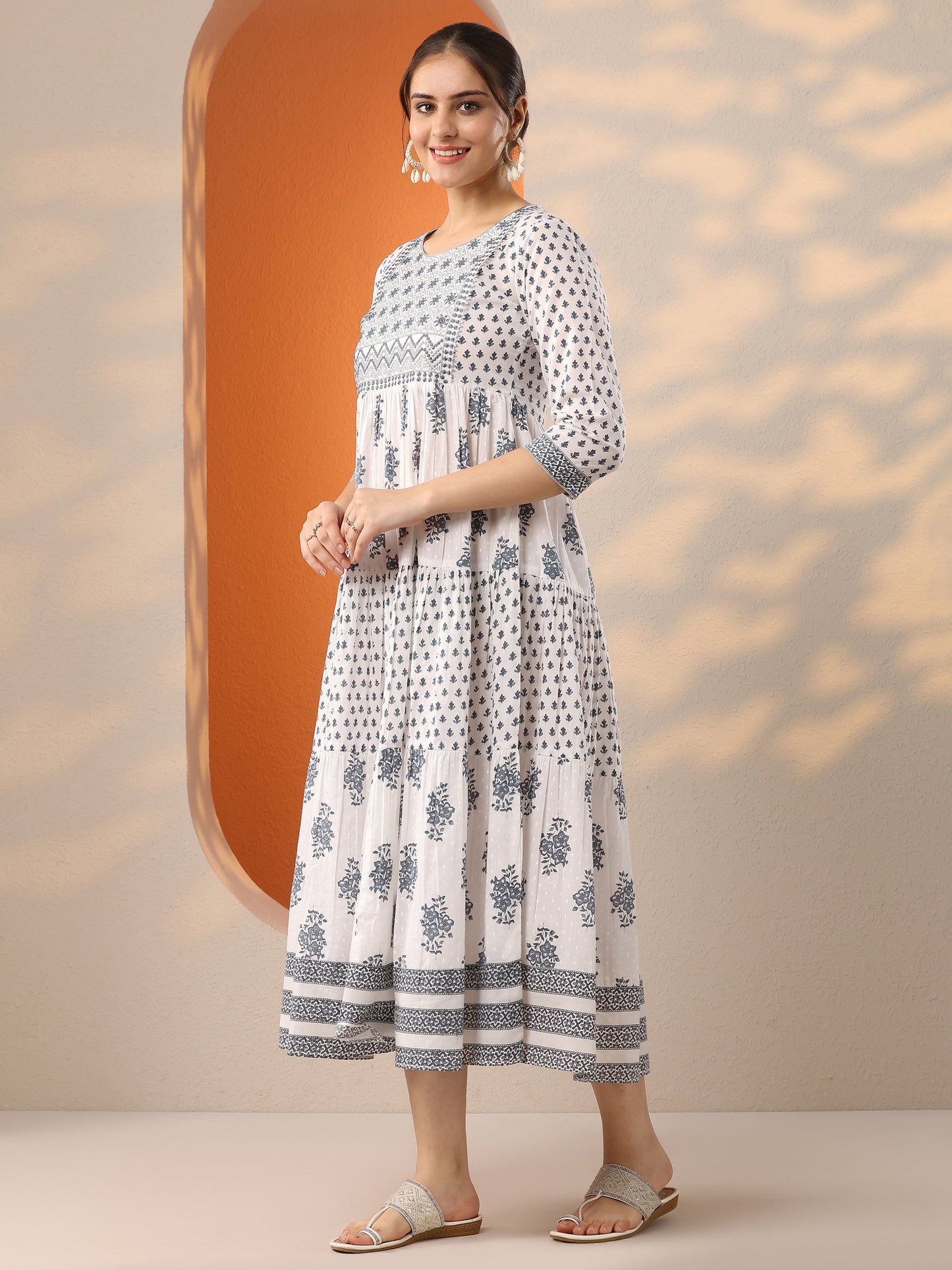 White Printed Cotton Fit And Flare One Piece Dress