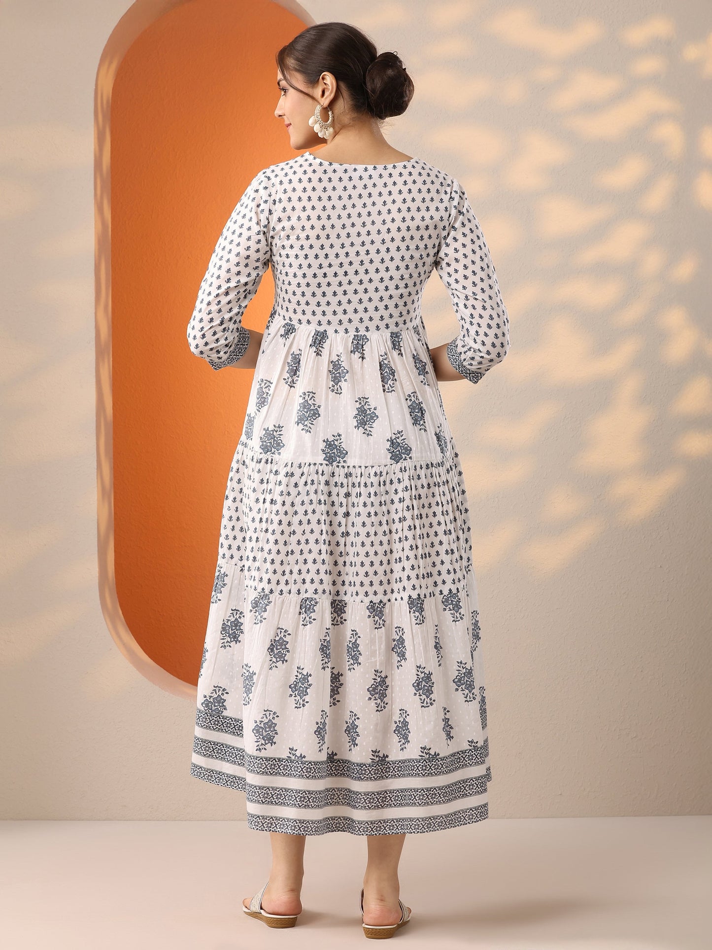 White Printed Cotton Fit And Flare One Piece Dress