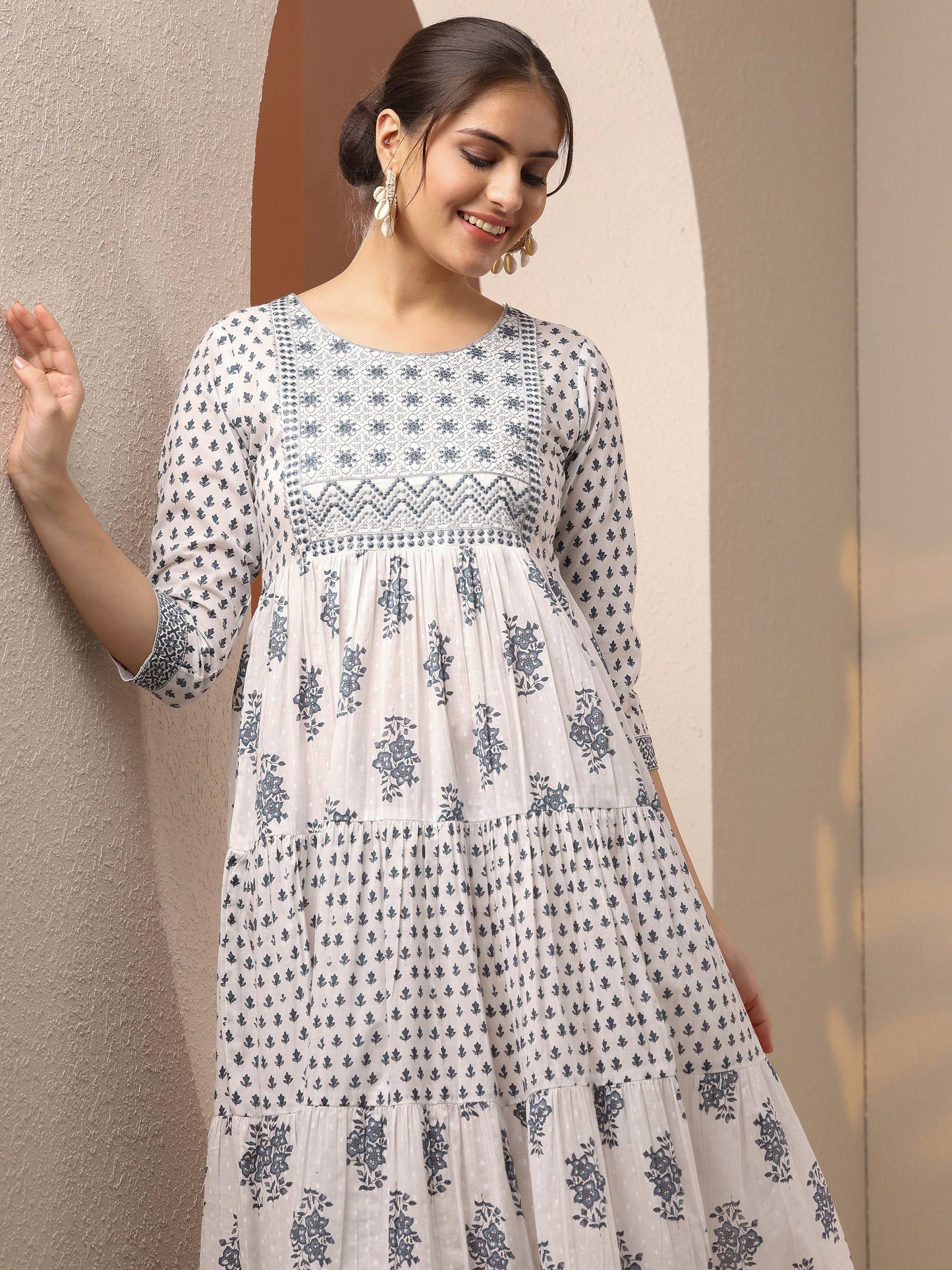 White Printed Cotton Fit And Flare One Piece Dress