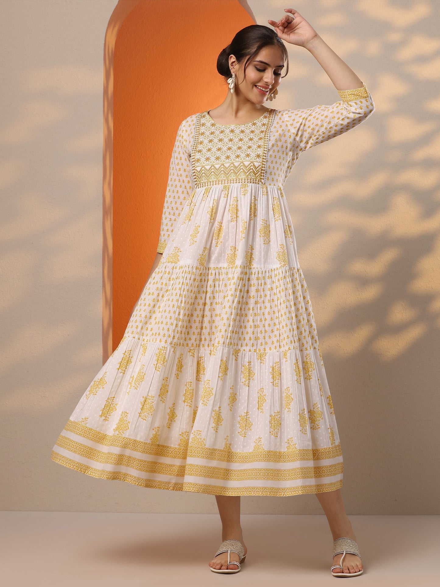 White Printed Cotton Fit And Flare One Piece Dress