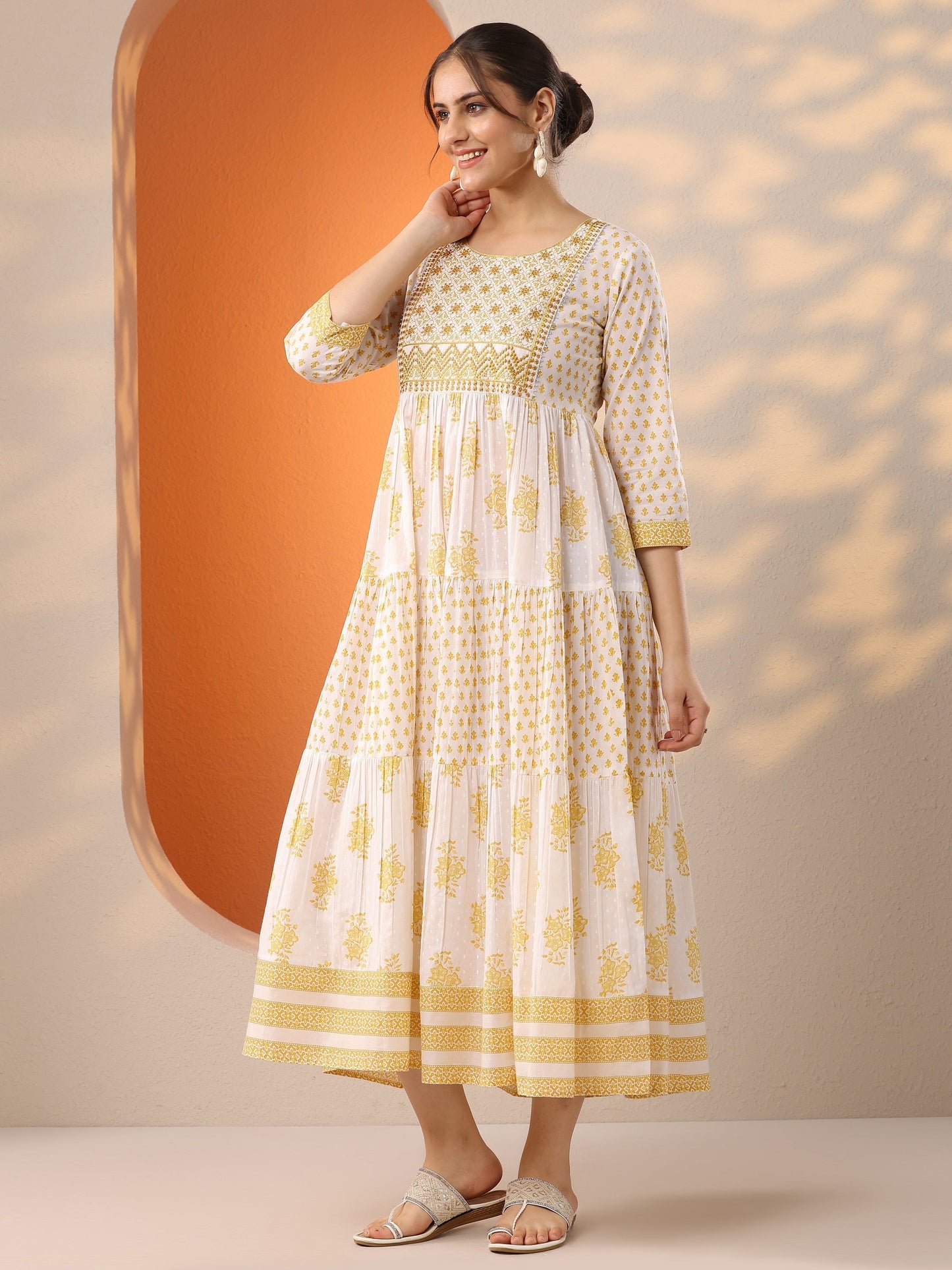 White Printed Cotton Fit And Flare One Piece Dress