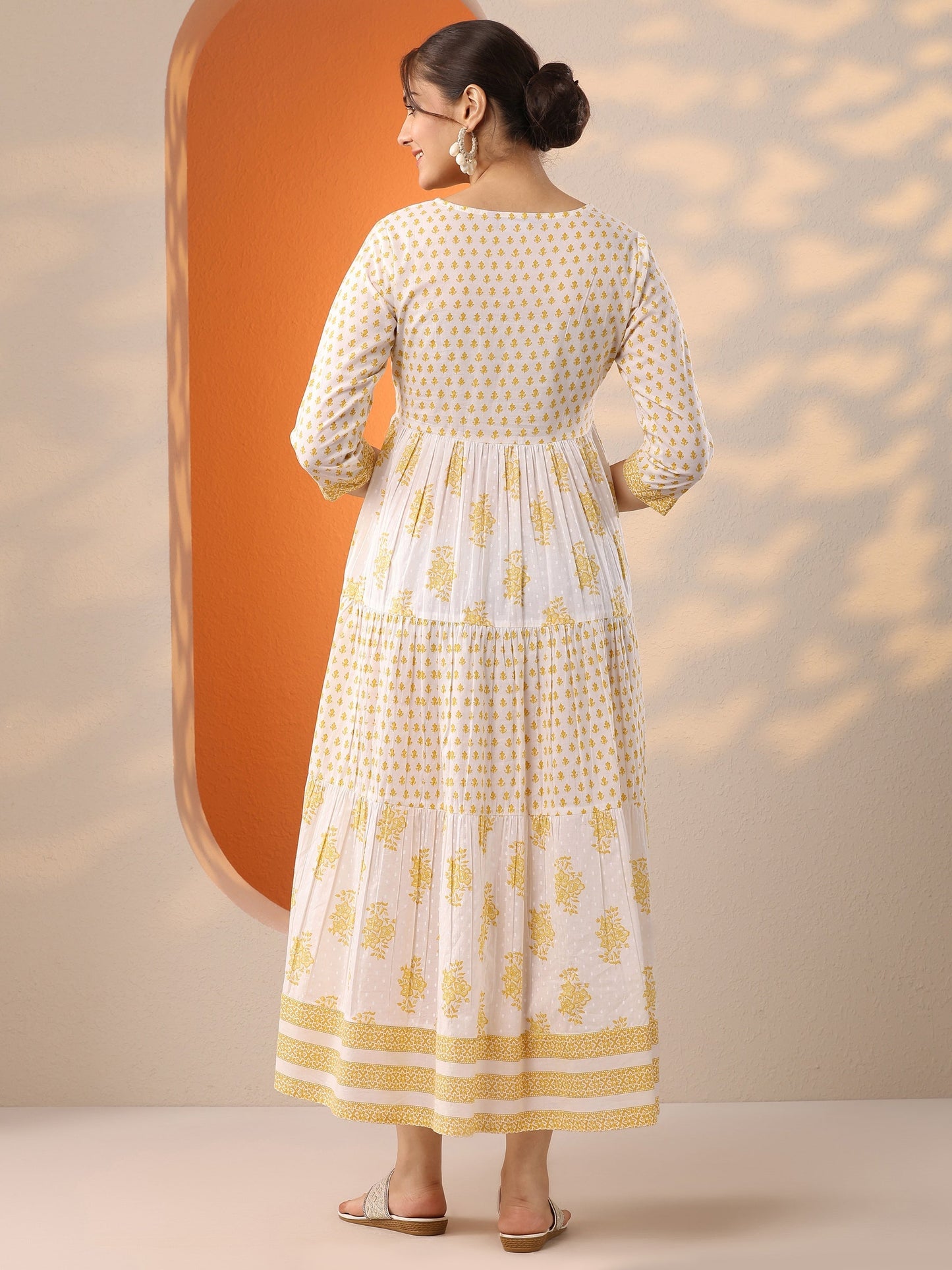 White Printed Cotton Fit And Flare One Piece Dress