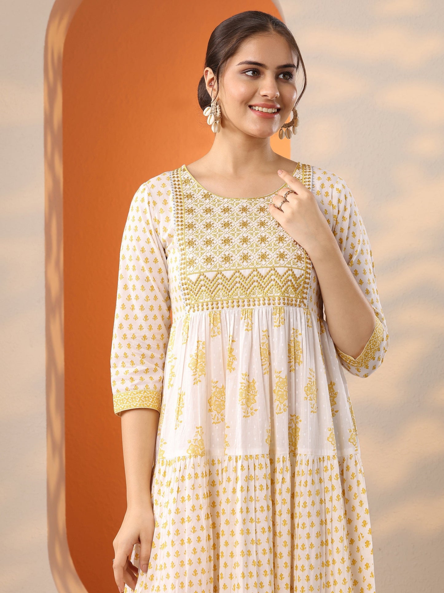 White Printed Cotton Fit And Flare One Piece Dress