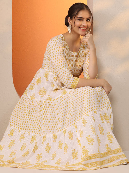 White Printed Cotton Fit And Flare One Piece Dress