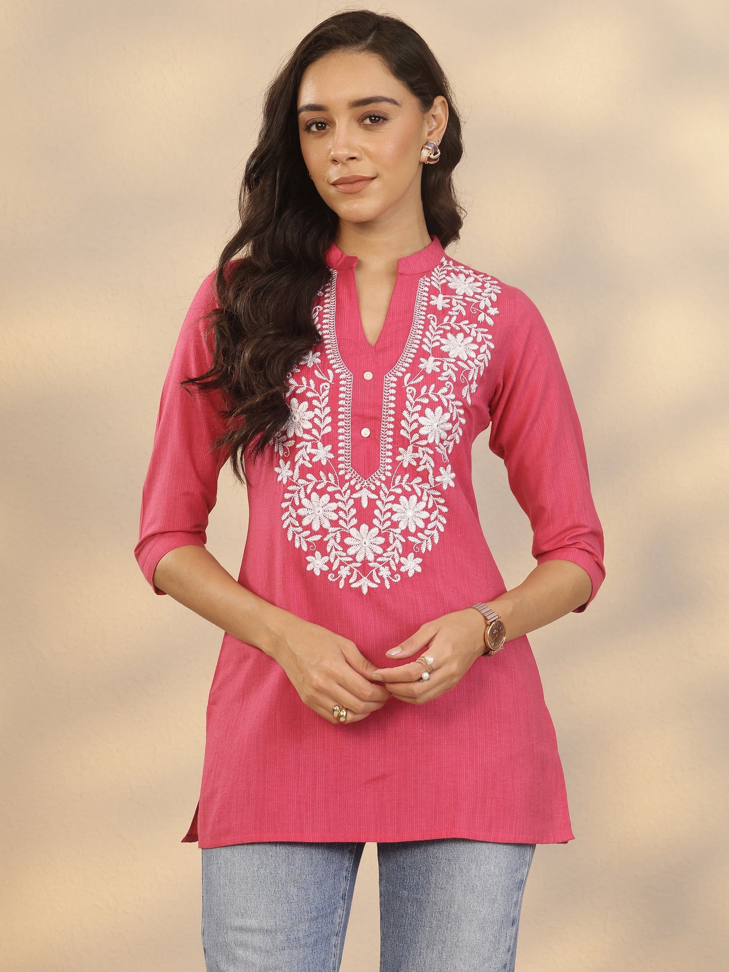Pink Yoke Design Cotton Blend Straight Short Kurti