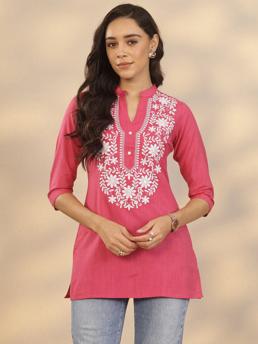 Pink Yoke Design Cotton Blend Straight Short Kurti