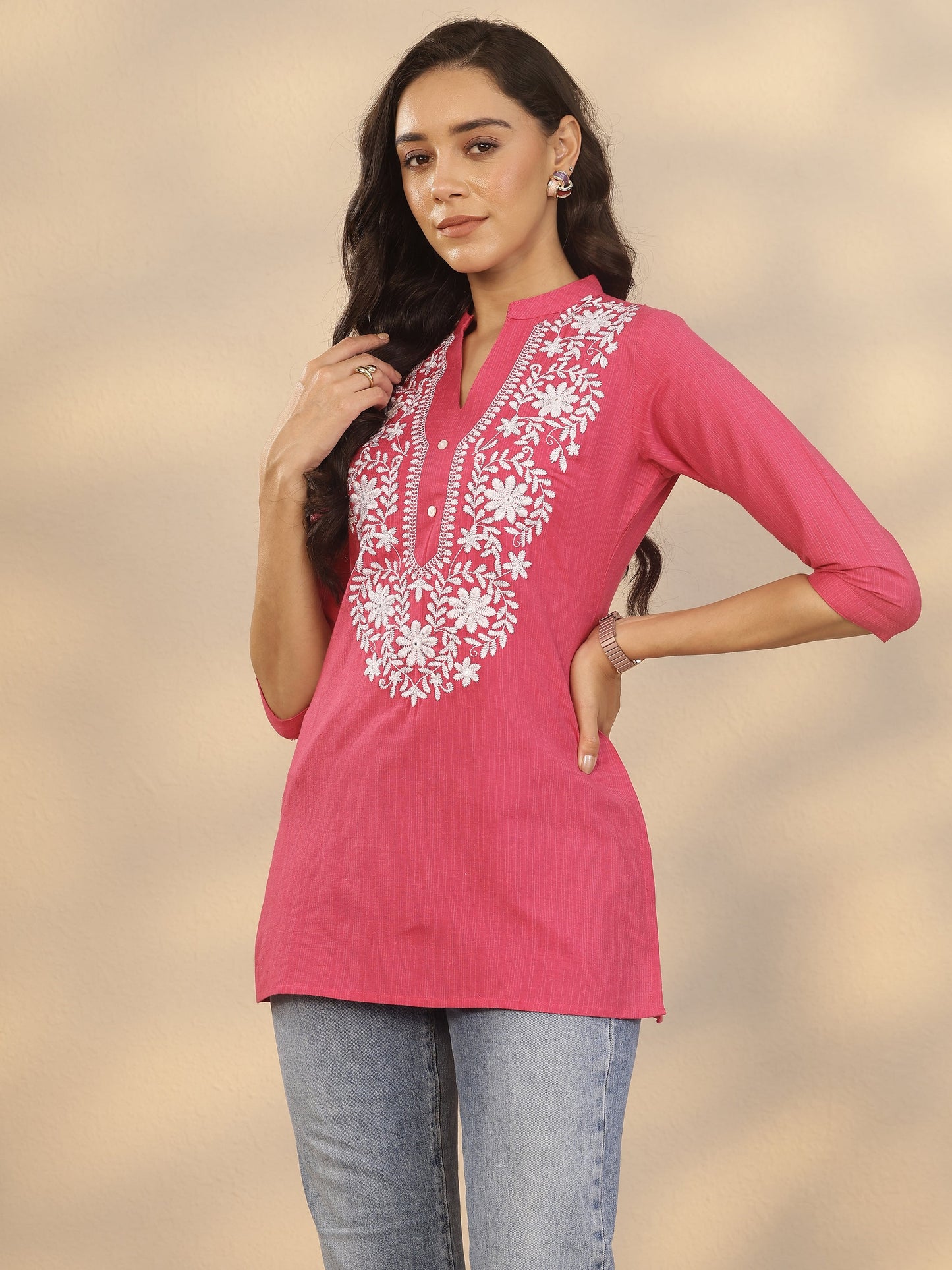 Pink Yoke Design Cotton Blend Straight Short Kurti