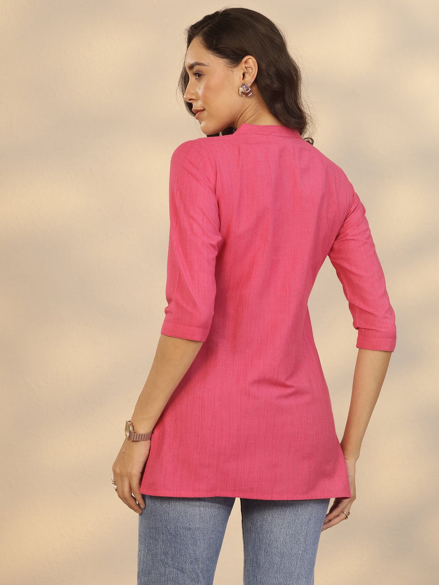 Pink Yoke Design Cotton Blend Straight Short Kurti