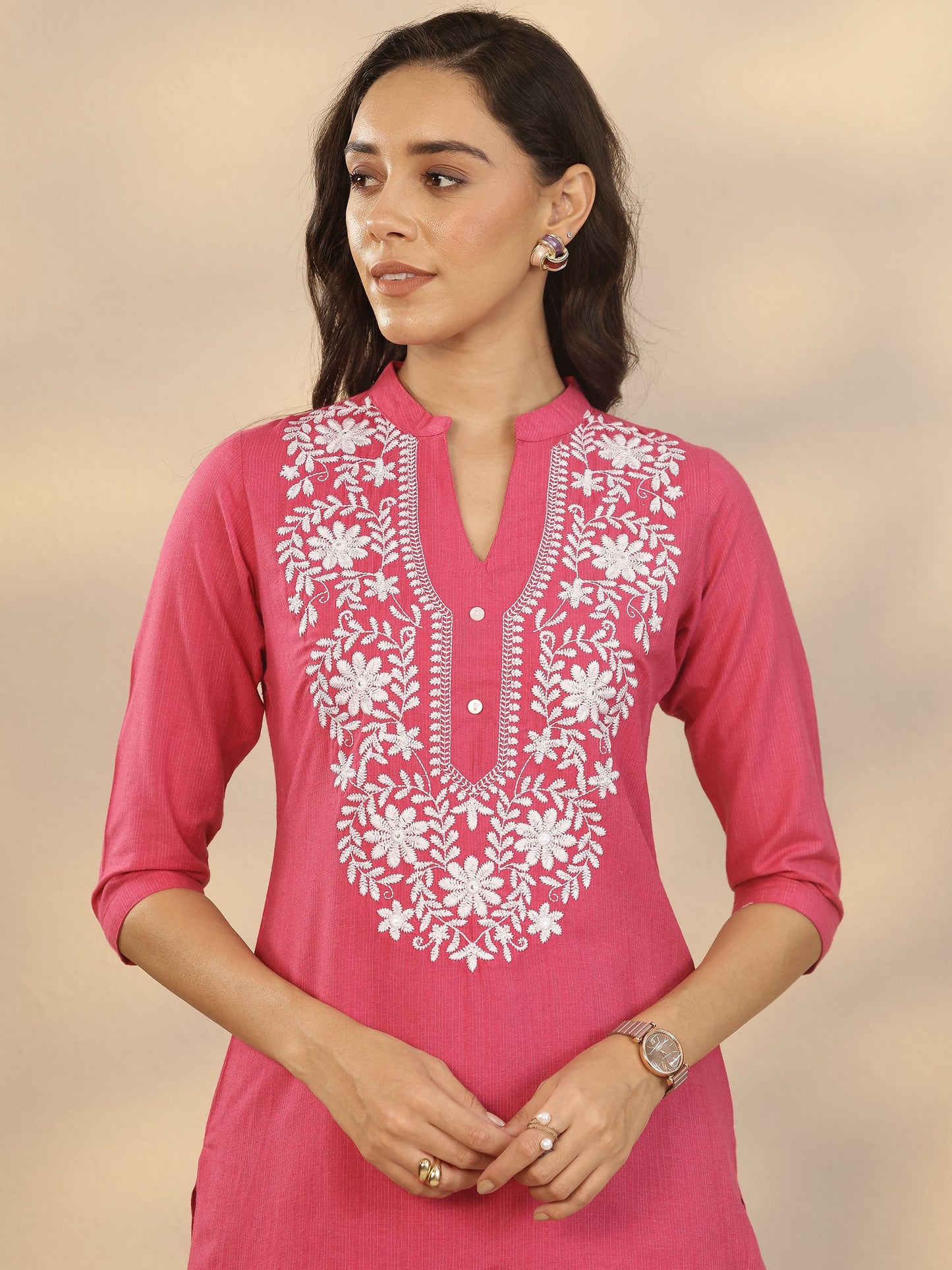 Pink Yoke Design Cotton Blend Straight Short Kurti
