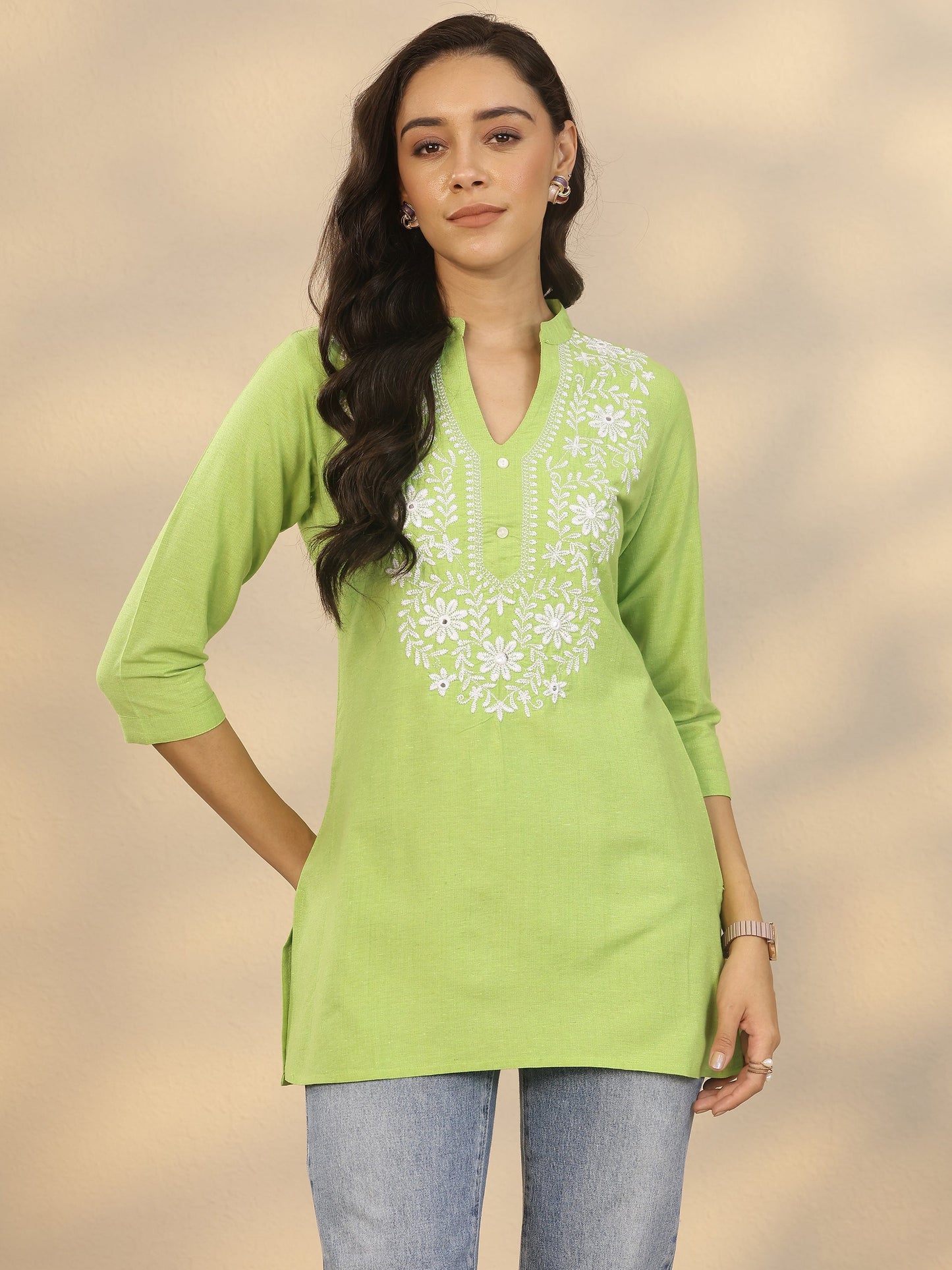 Green Yoke Design Cotton Blend Straight Short Kurti