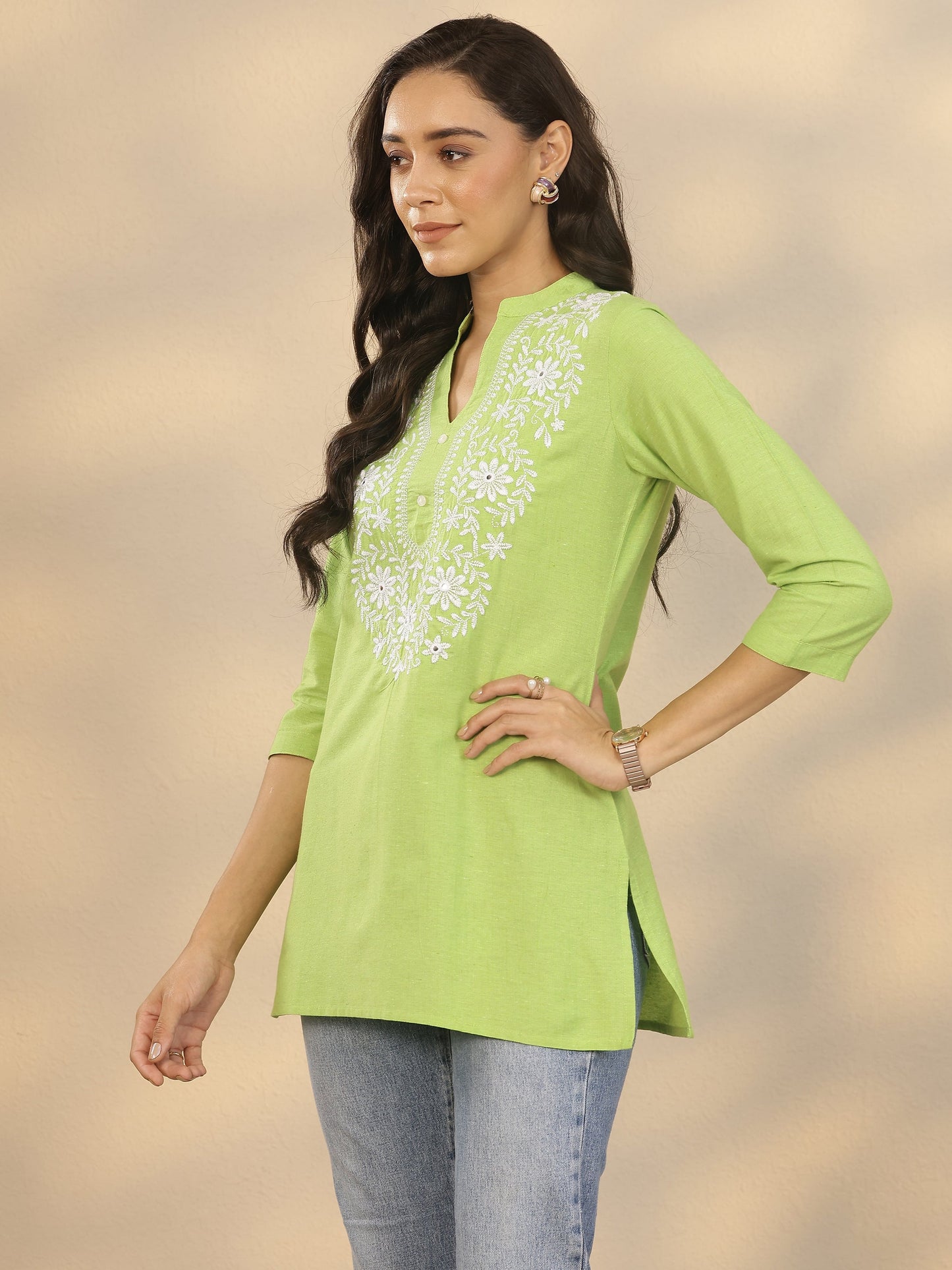 Green Yoke Design Cotton Blend Straight Short Kurti
