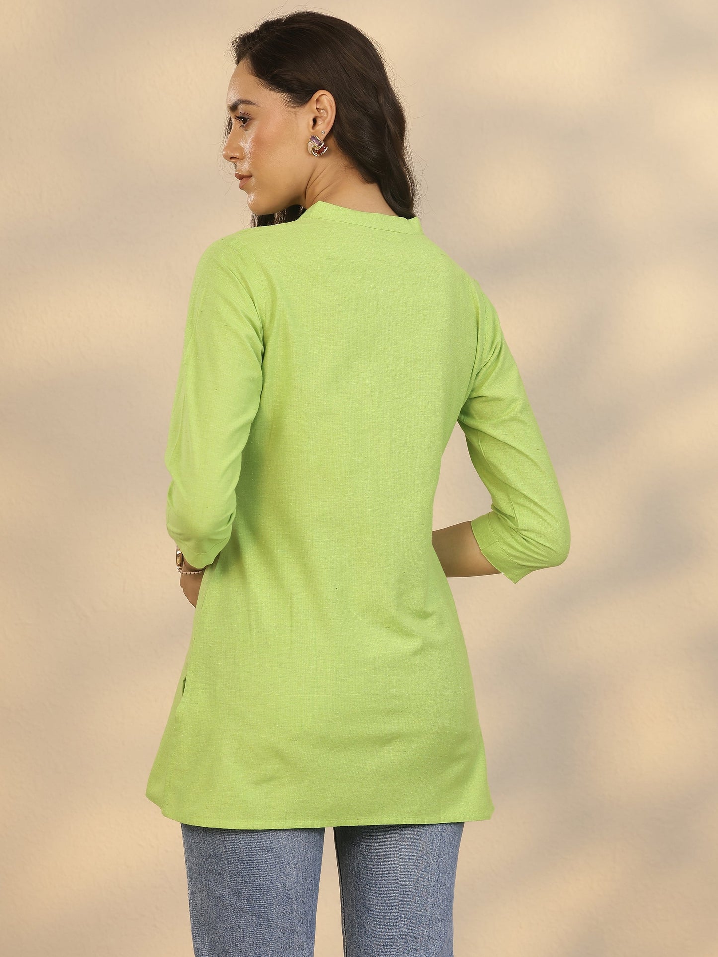 Green Yoke Design Cotton Blend Straight Short Kurti
