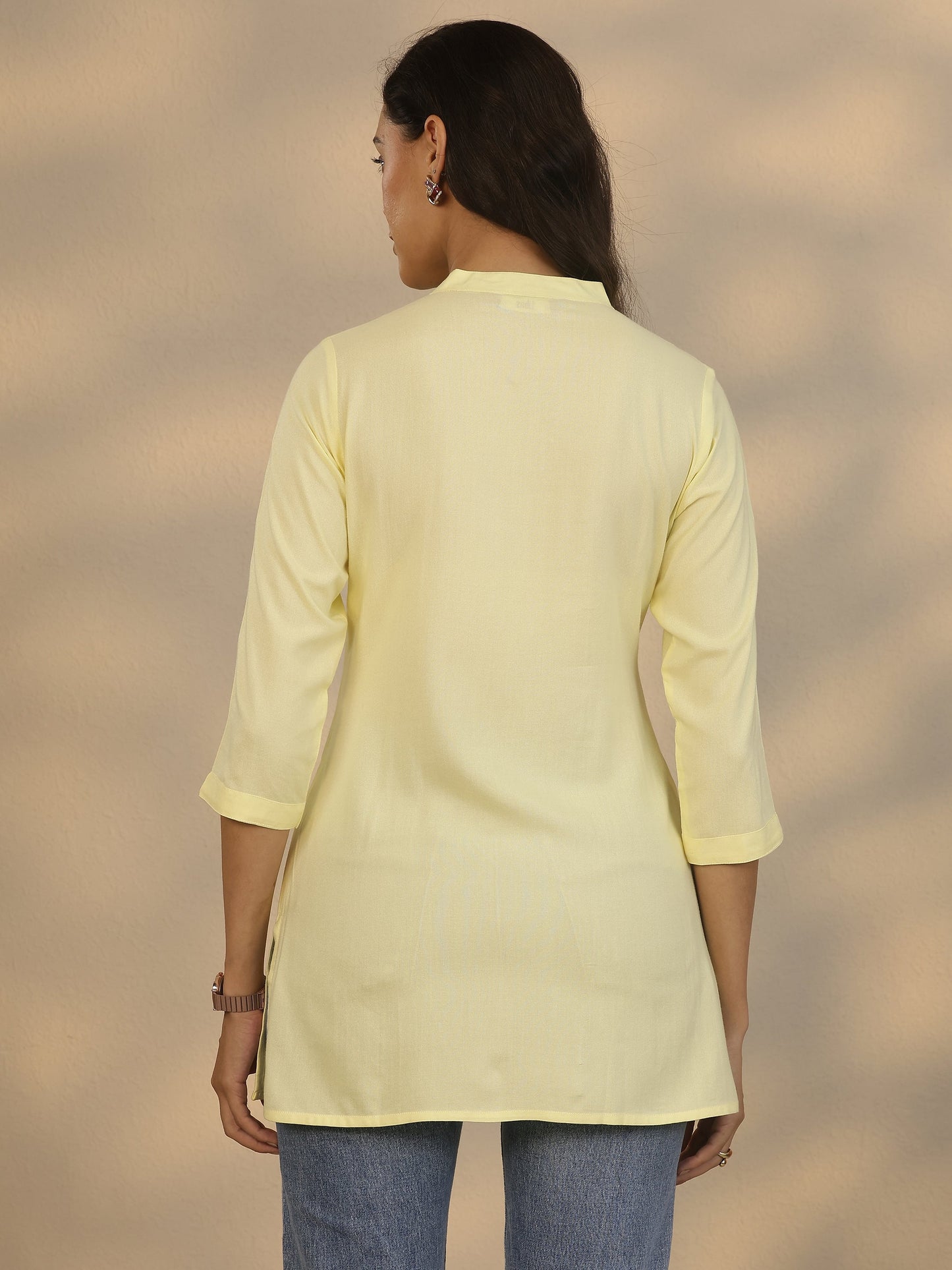 Yellow Yoke Design Rayon Straight Short Kurti
