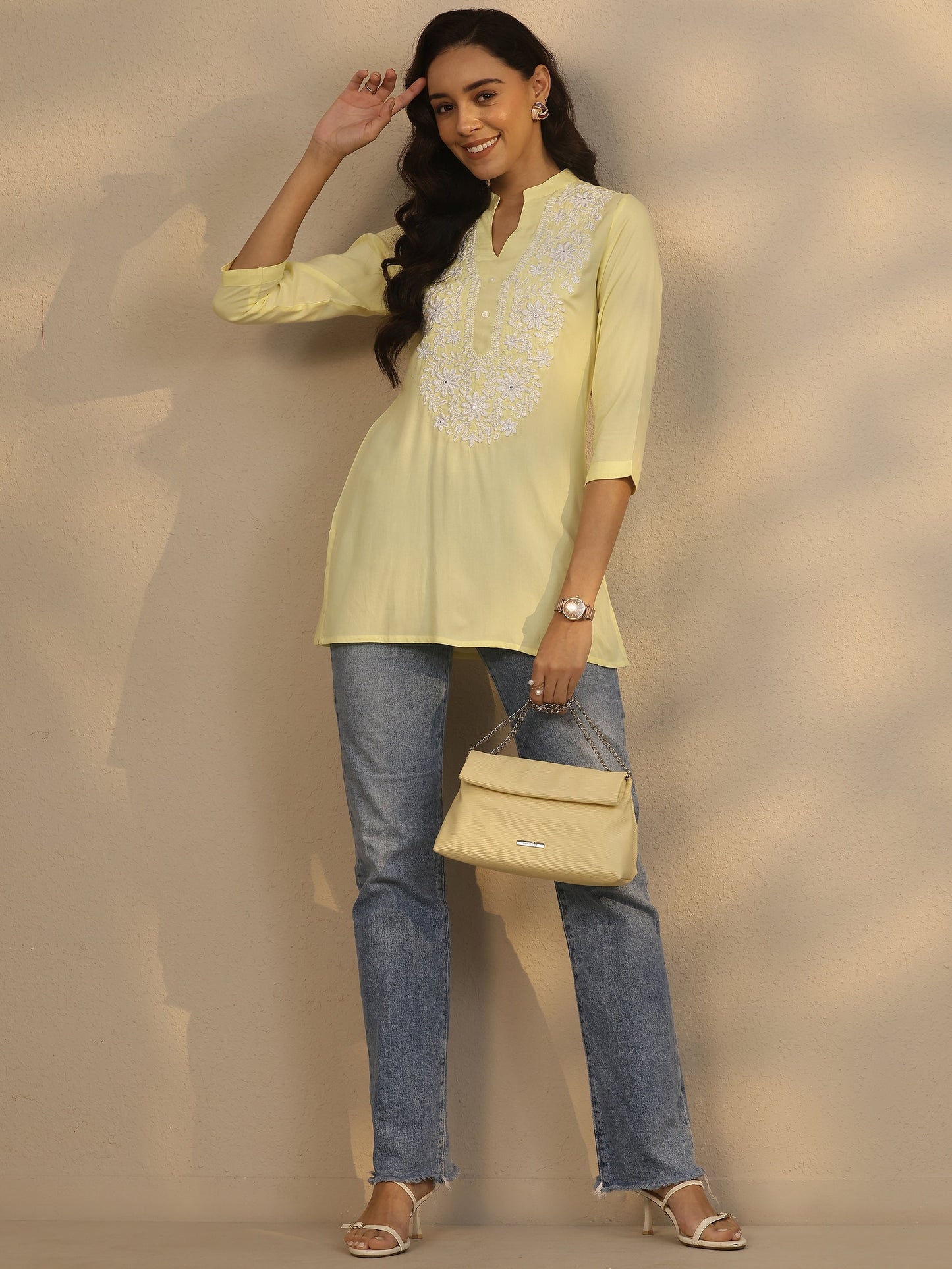 Yellow Yoke Design Rayon Straight Short Kurti