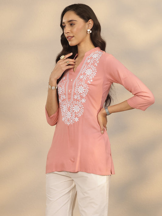Peach Yoke Design Rayon Straight Short Kurti