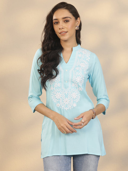 Blue Yoke Design Rayon Straight Short Kurti