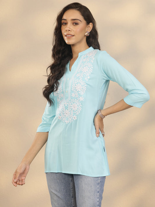Blue Yoke Design Rayon Straight Short Kurti