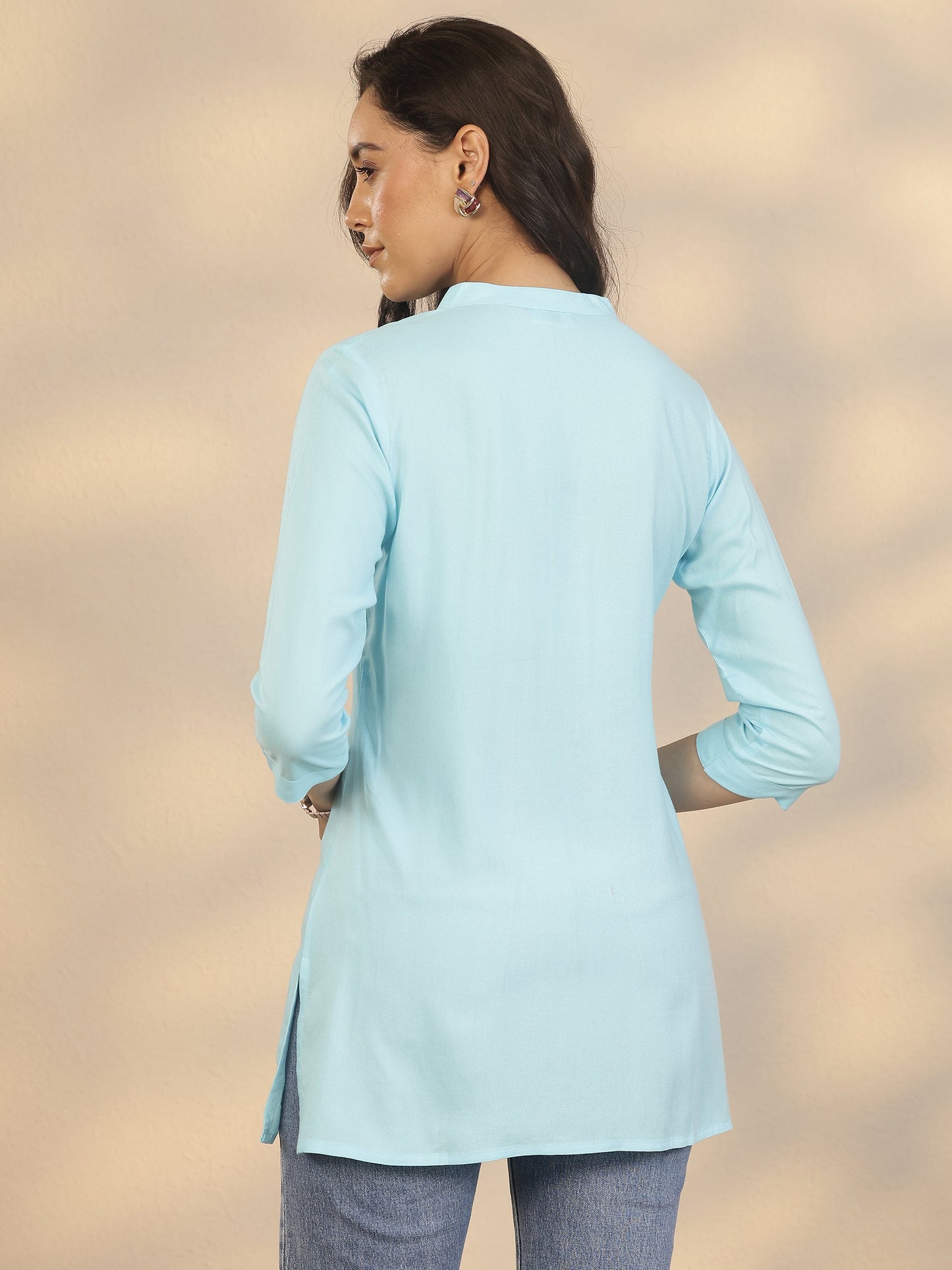 Blue Yoke Design Rayon Straight Short Kurti