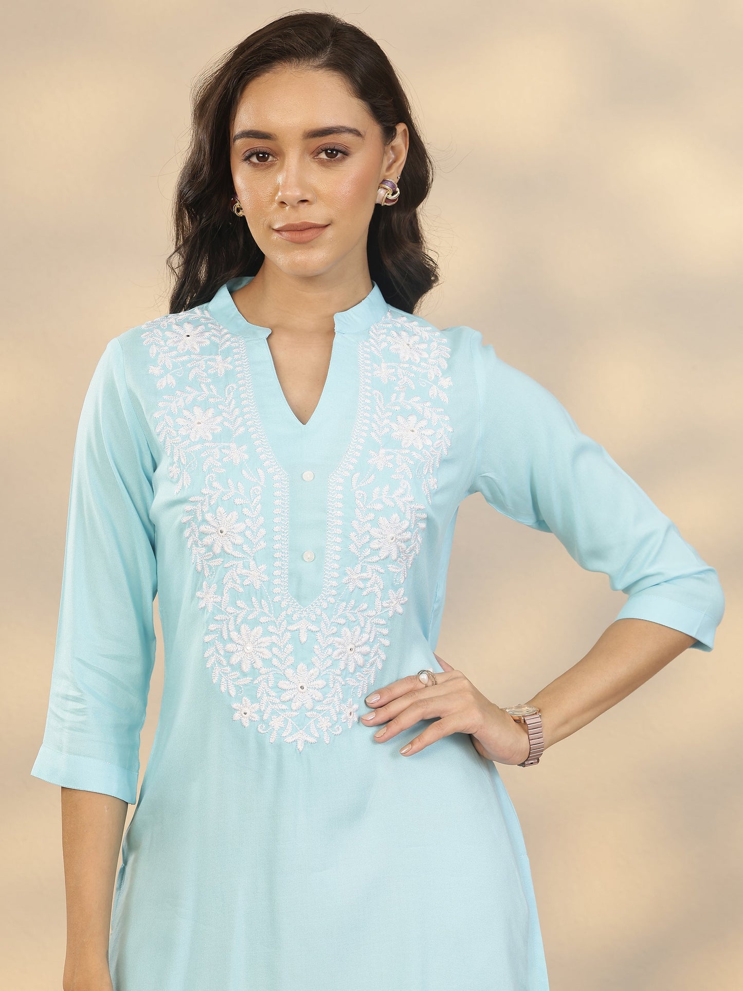 Blue Yoke Design Rayon Straight Short Kurti