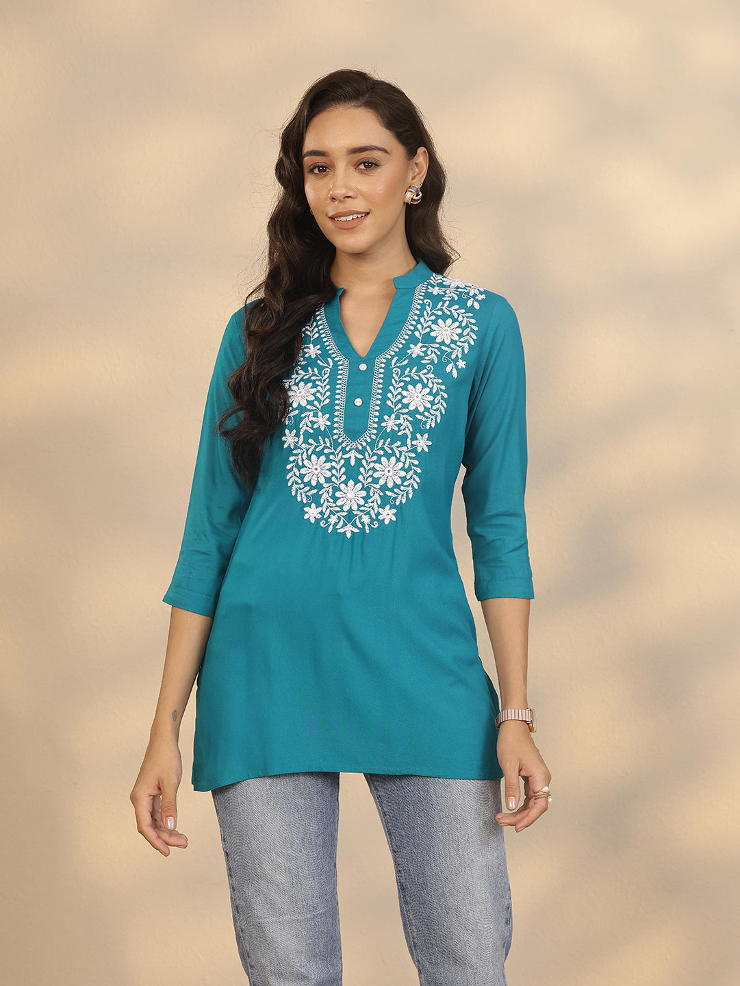 Blue Yoke Design Rayon Straight Short Kurti