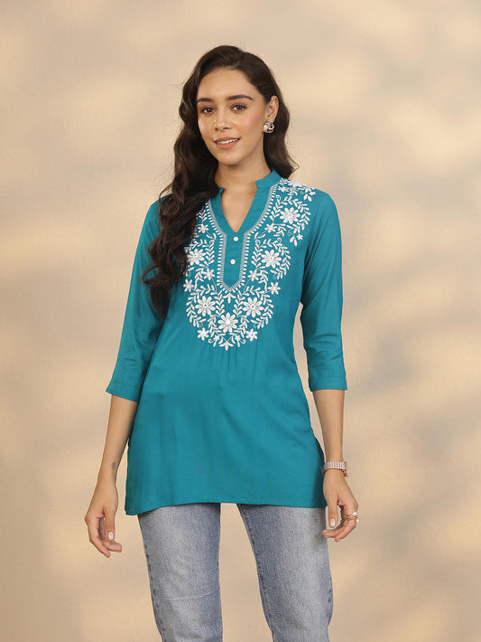 Blue Yoke Design Rayon Straight Short Kurti
