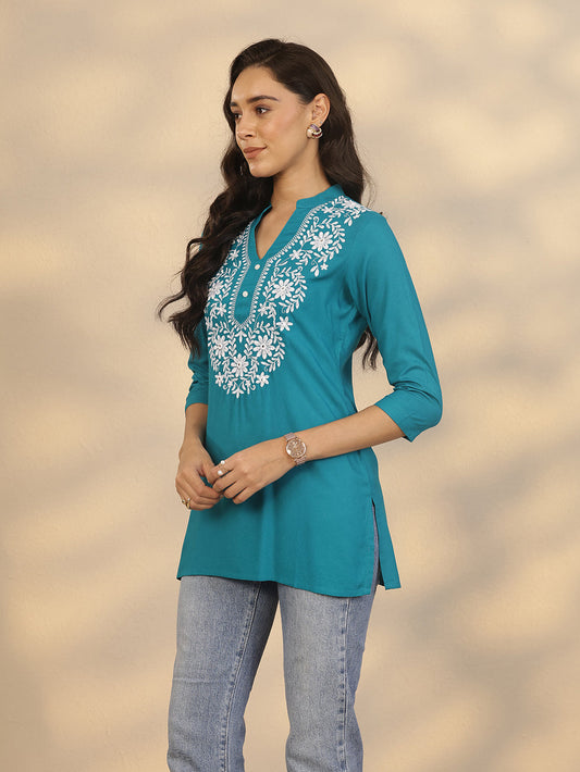 Blue Yoke Design Rayon Straight Short Kurti