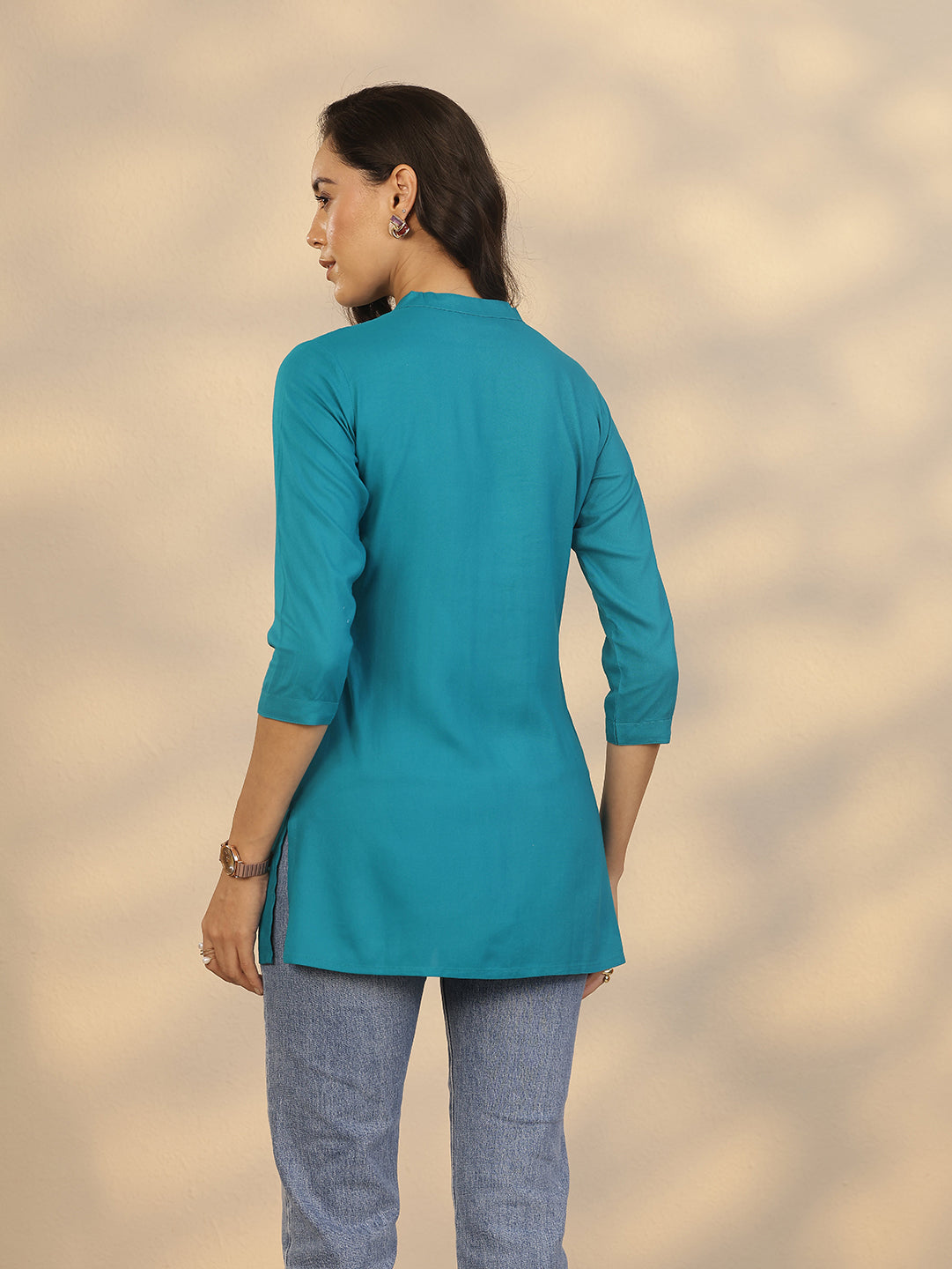 Blue Yoke Design Rayon Straight Short Kurti