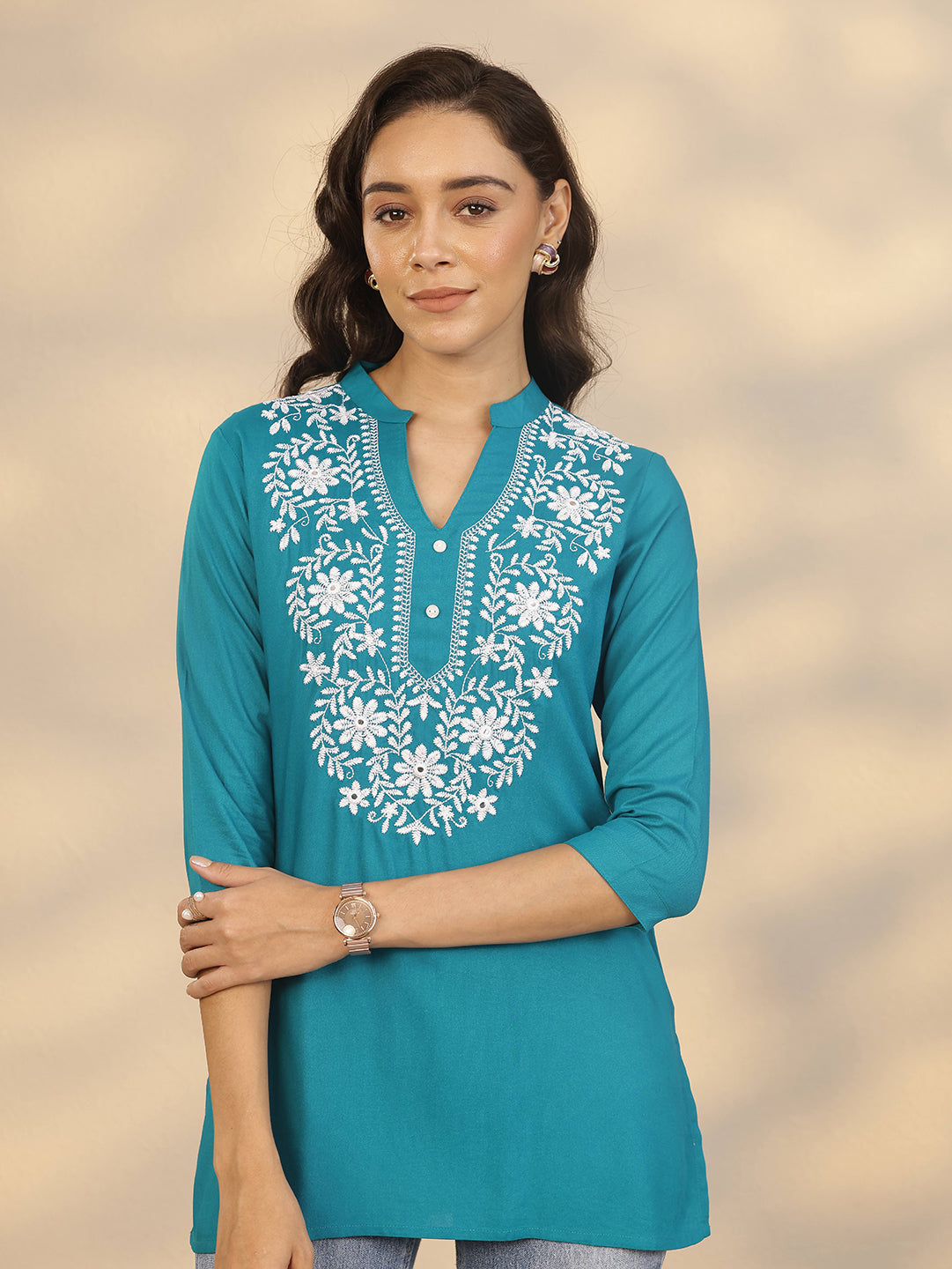 Blue Yoke Design Rayon Straight Short Kurti