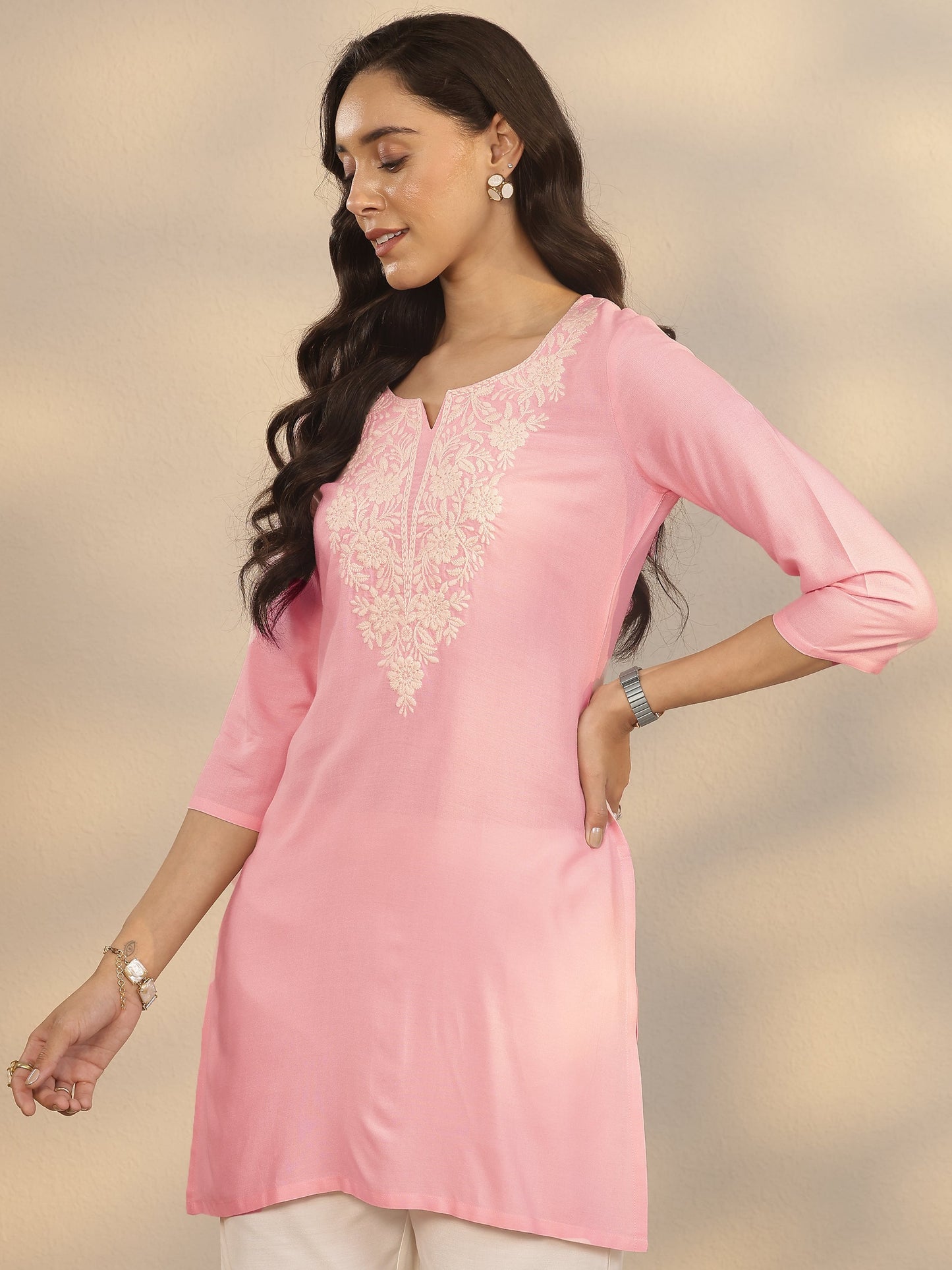 Pink Embroidered Rayon Straight Short Kurti