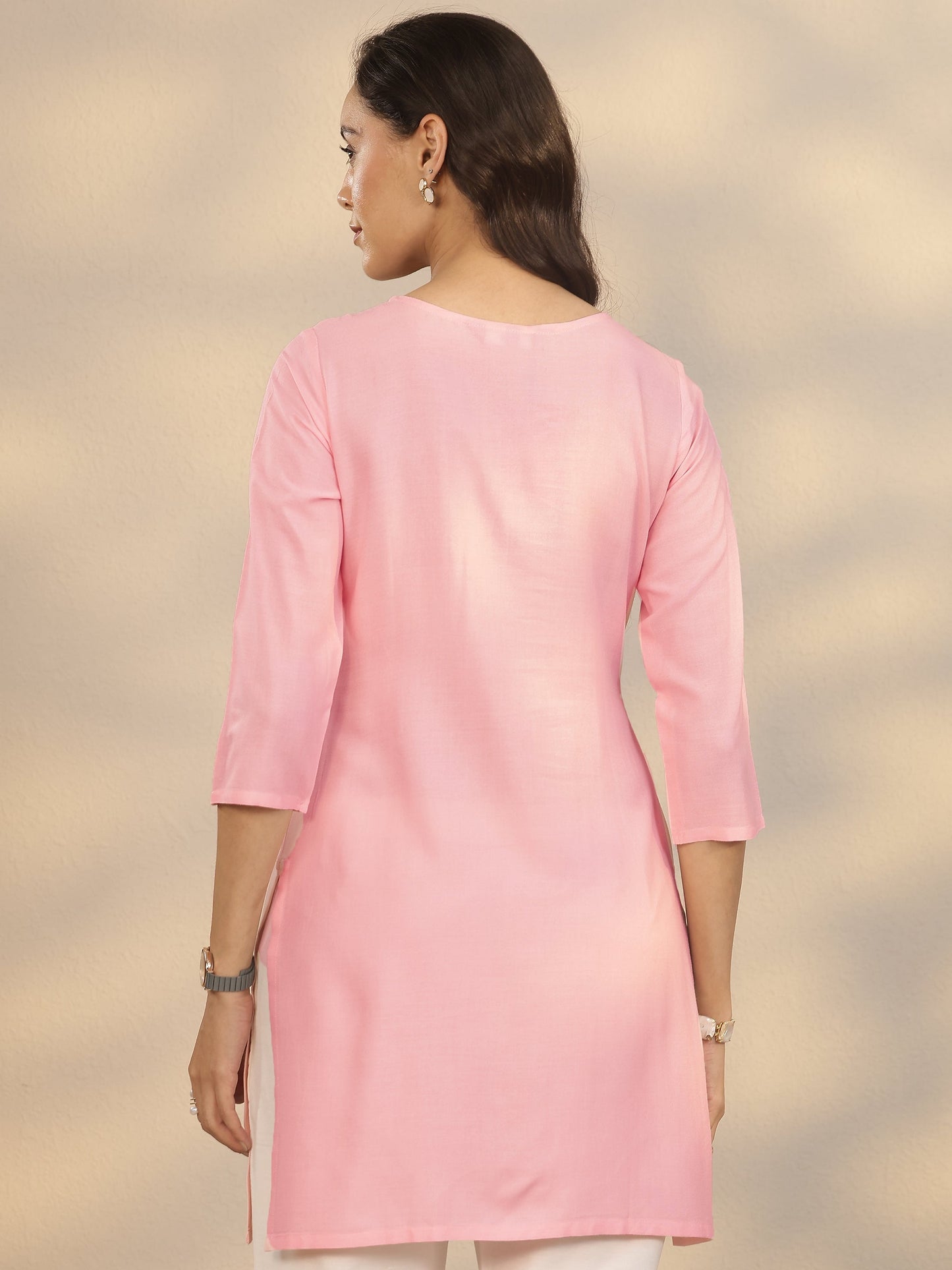 Pink Embroidered Rayon Straight Short Kurti