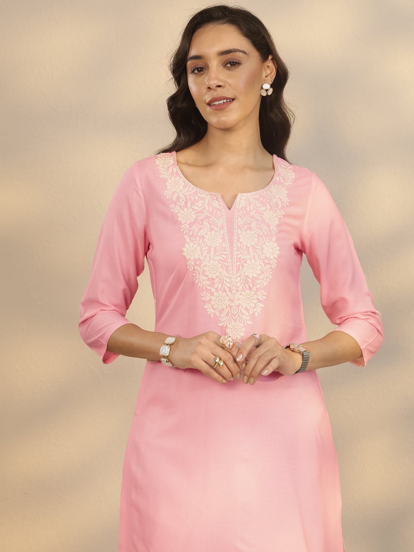 Pink Embroidered Rayon Straight Short Kurti