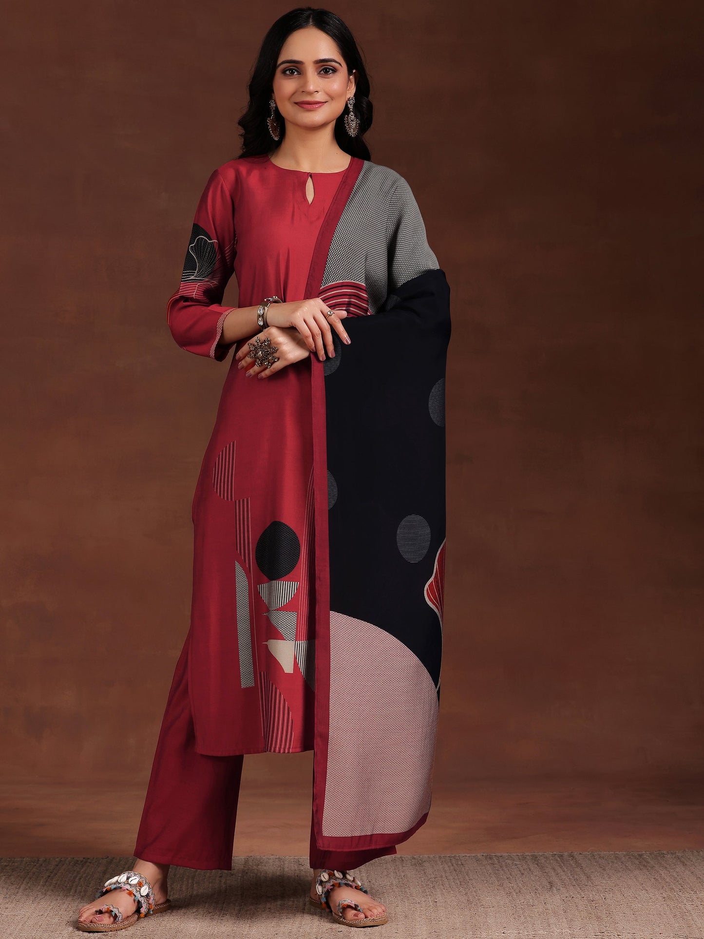 Maroon Printed Silk Blend Straight Suit With Dupatta