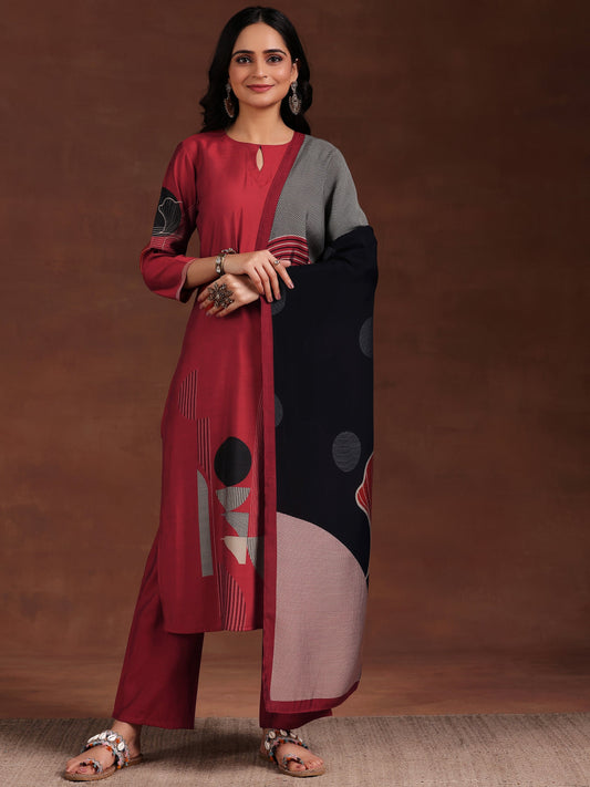 Maroon Printed Silk Blend Straight Suit With Dupatta