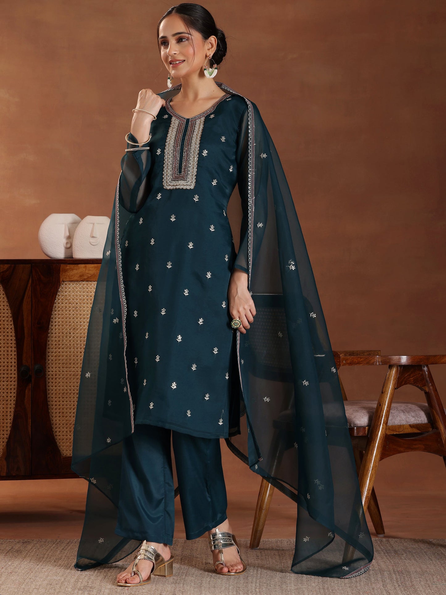 Green Embroidered Organza Straight Suit With Dupatta