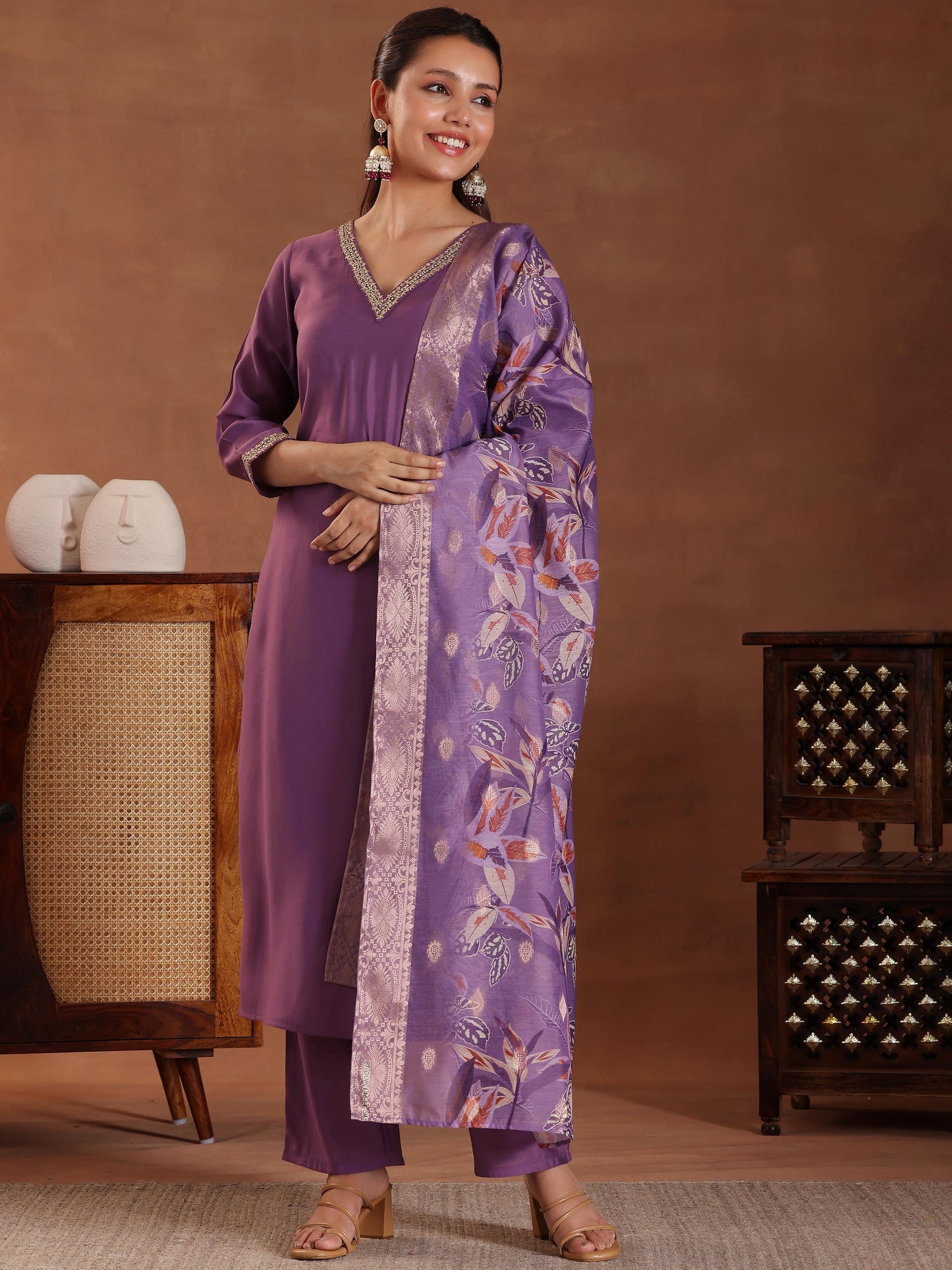 Purple Solid Silk Blend Straight Suit With Dupatta